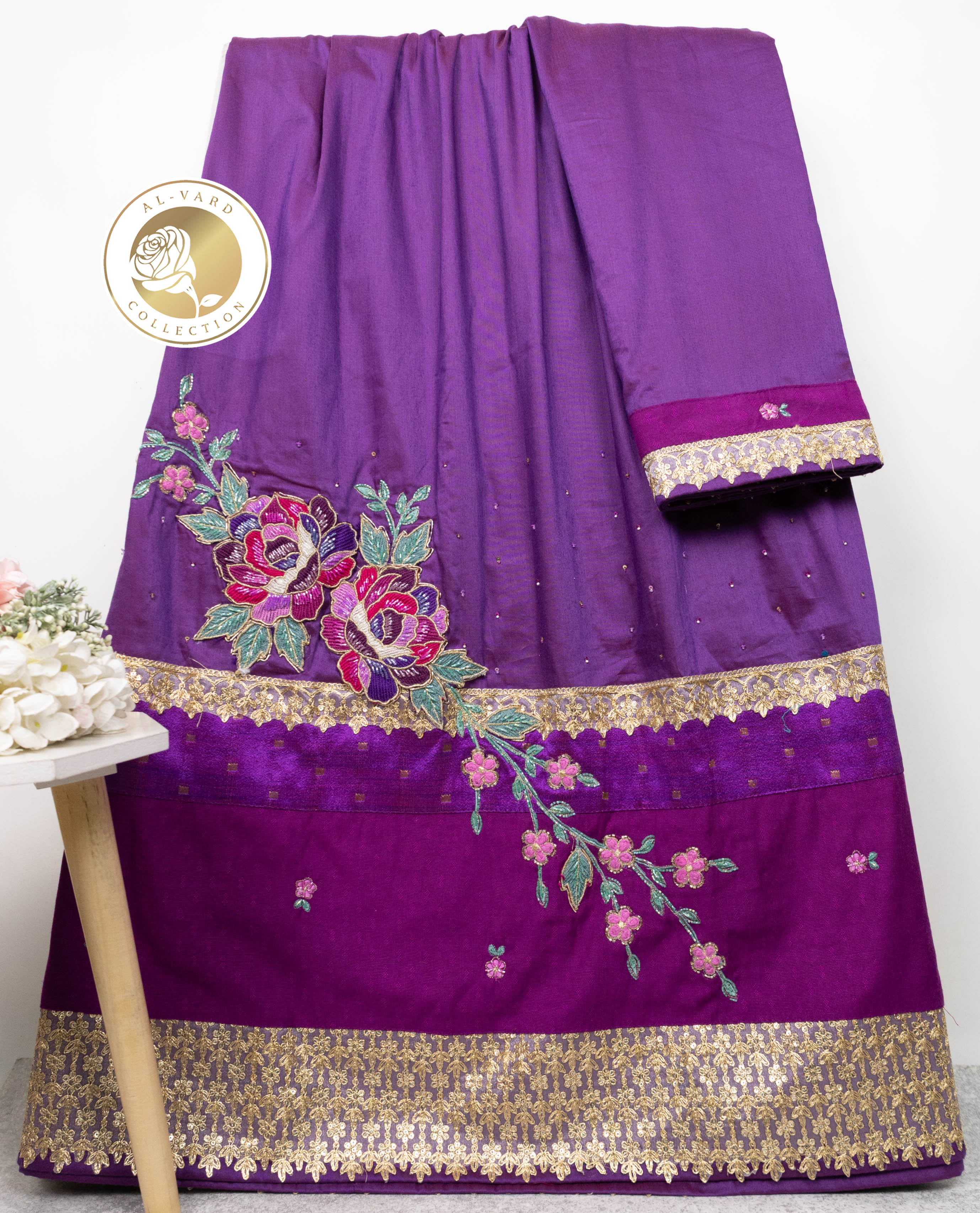 Dark Purple Rida With Smart Golden Lace & Floral Aari Work & Tikri Work-4450/-