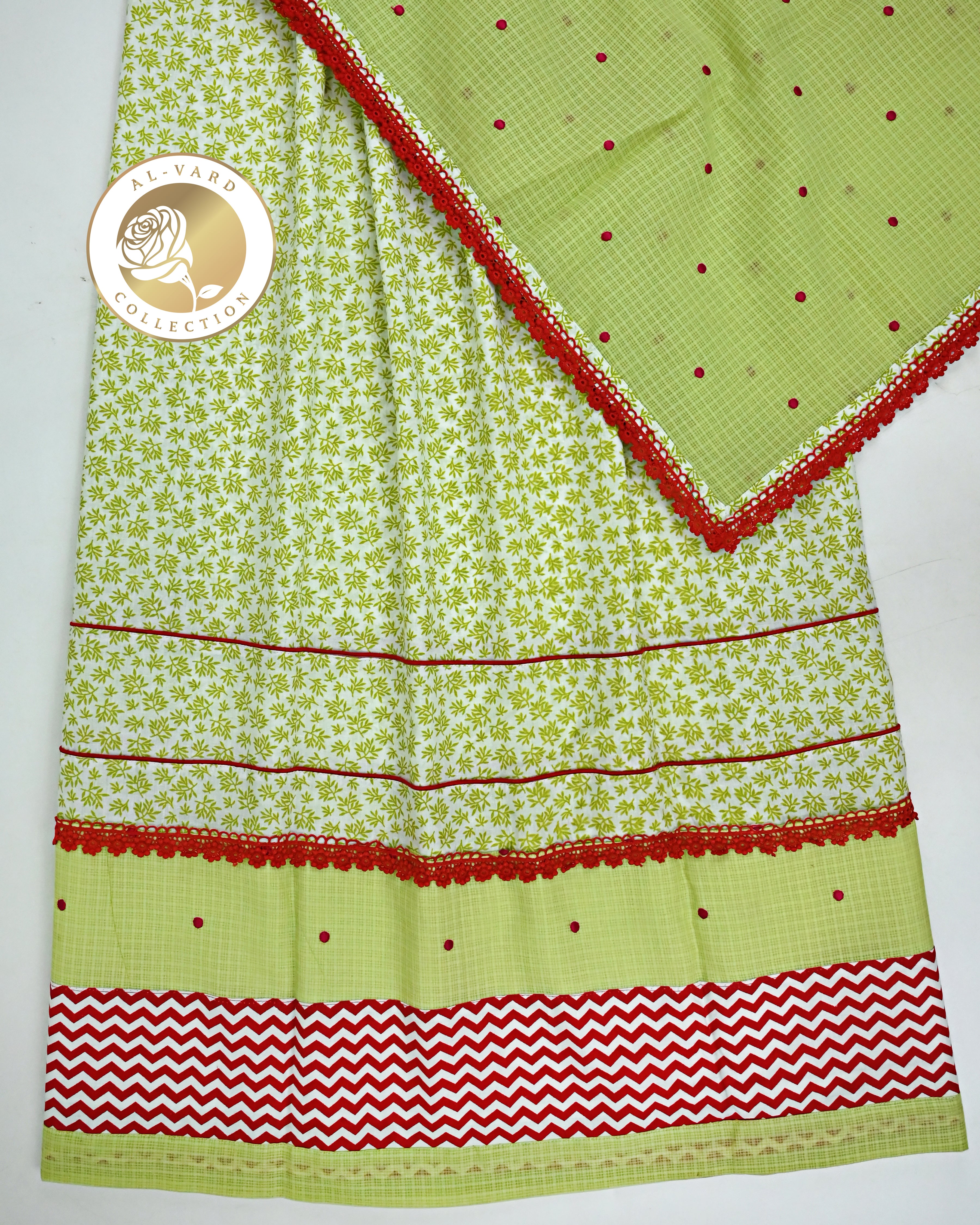 White Base Green Floral Printed Jodi With Smart Chevron Panel Lace Pintex & Green All Over Dots Dupatta