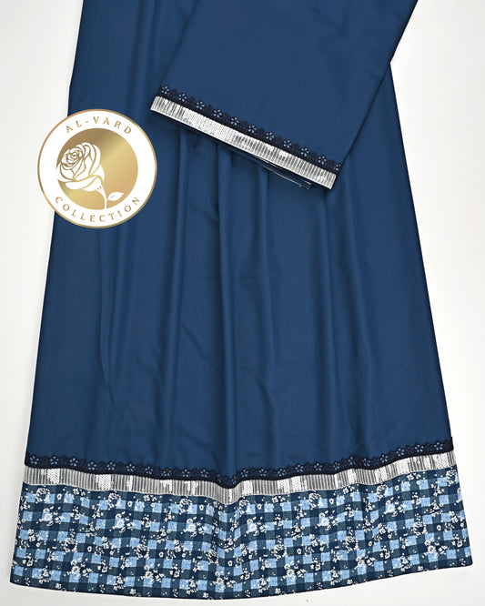 Navy Blue Rida With Smart Lace & Floral Print Panel