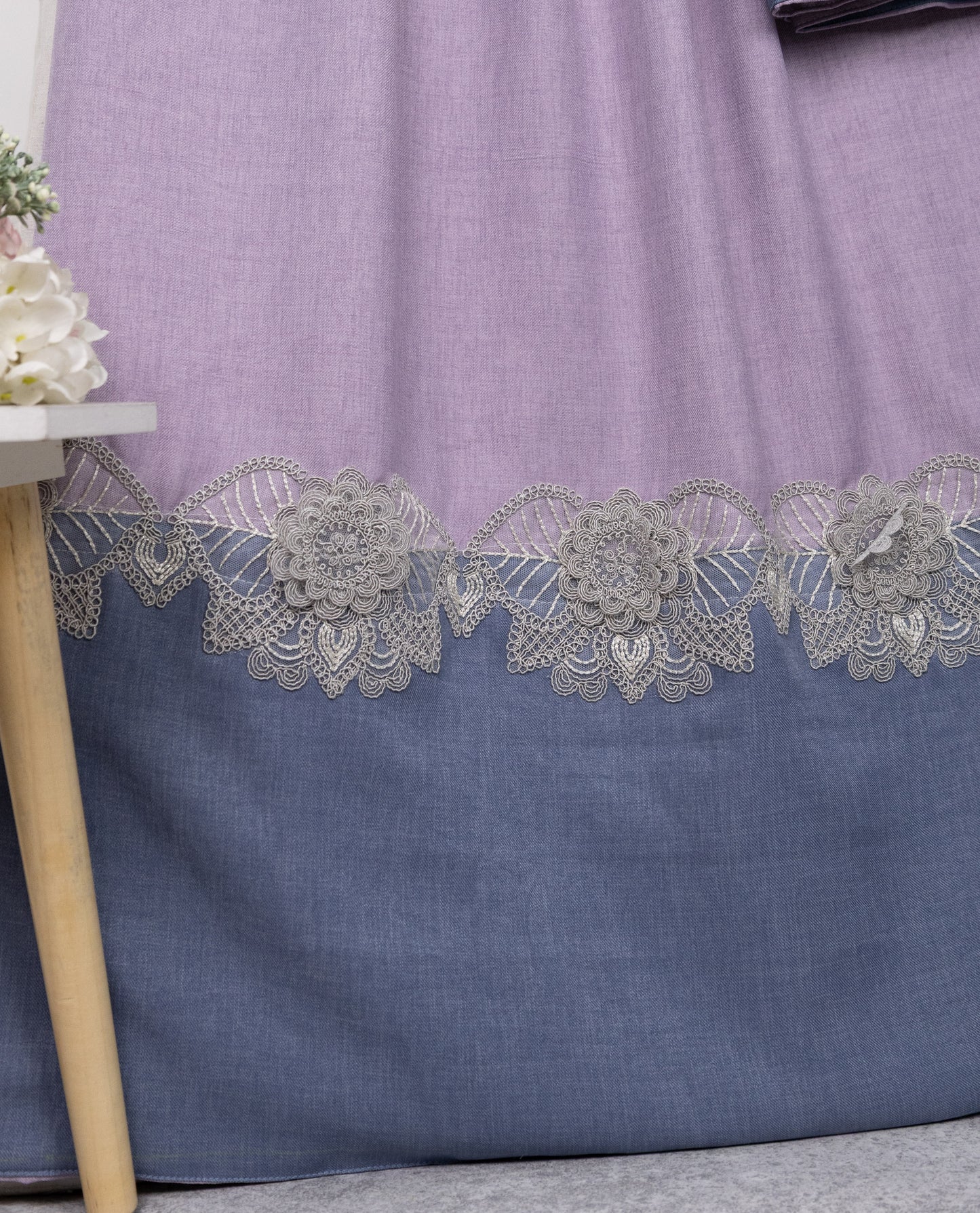 Deep Lavendar Abaya Rida With Smart Denim Blue Panel & Floral Lace
