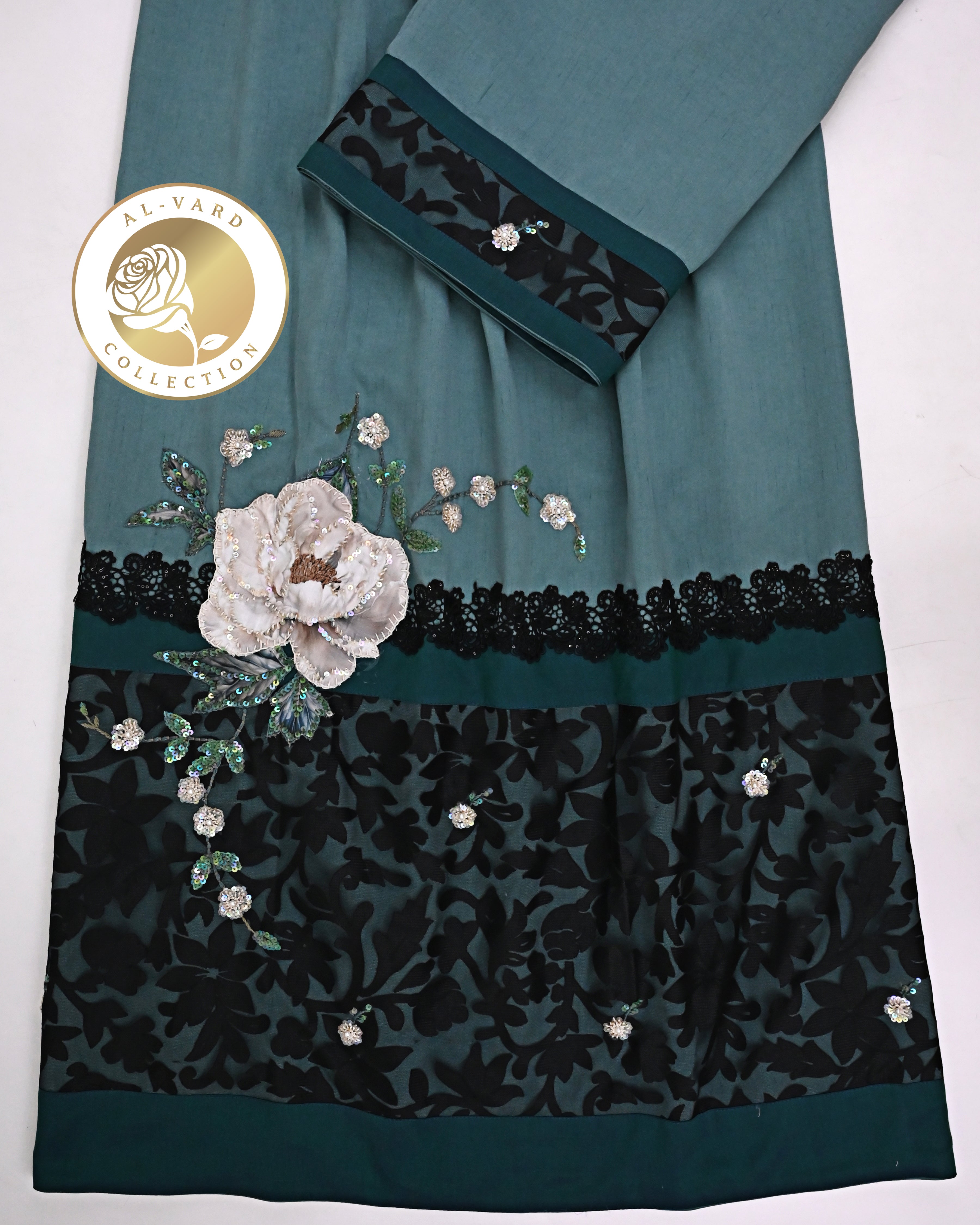 Lotus Green Rida With Smart Floral Black Lace Piece & Floral Applique Aari Work