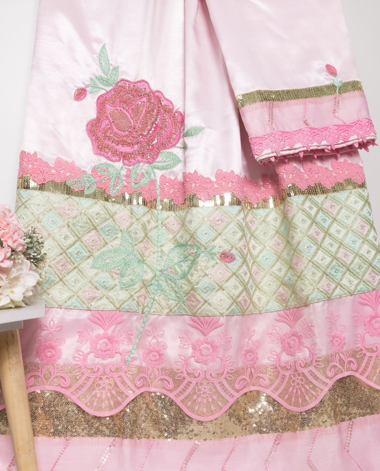 Baby Pink Silk Rida With Heavy Look Panel Lace & Floral Aari Work