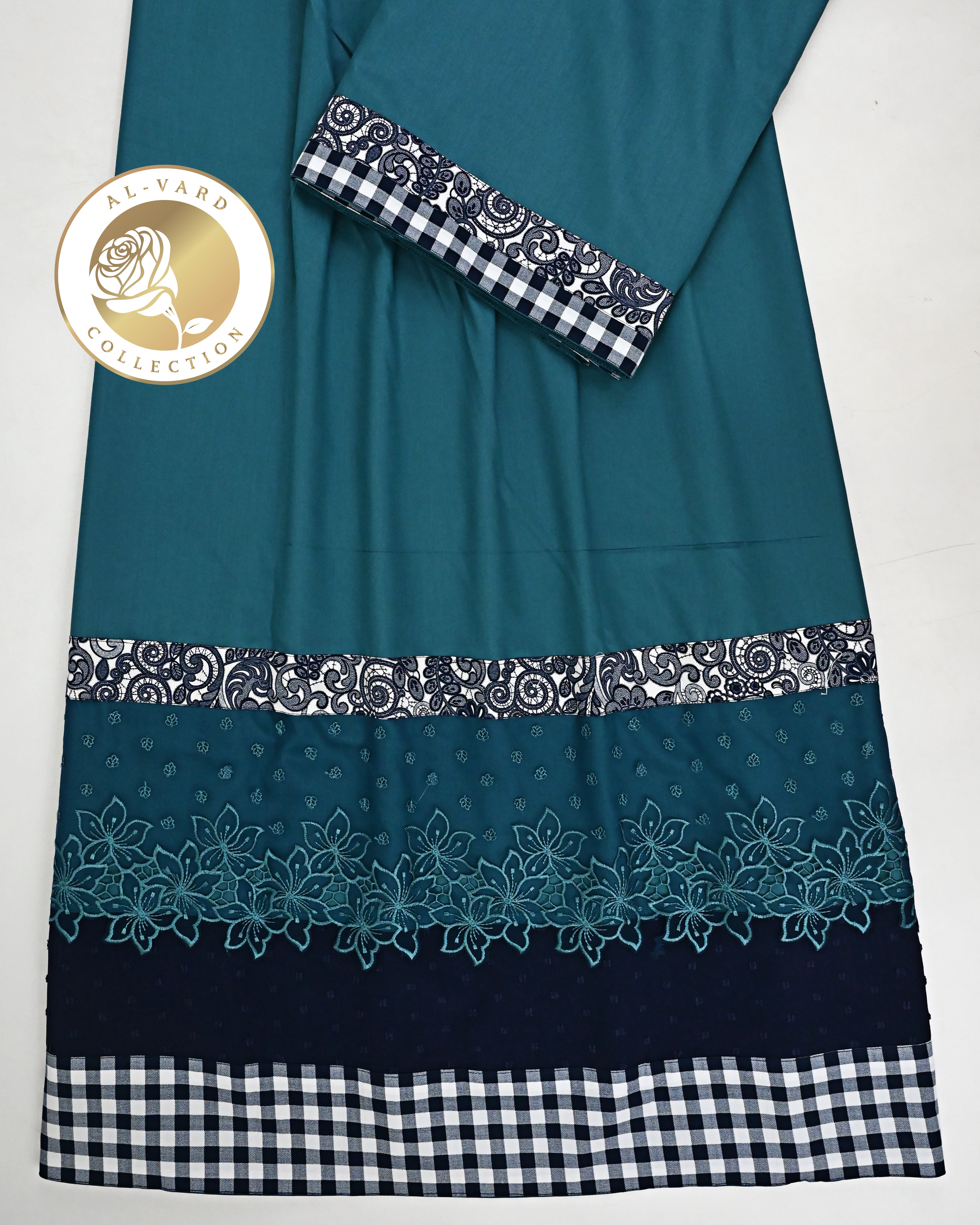 Petrol Blue Rida With Smart Floral Checks Panel & Smart Floral Petrol Blue Lace
