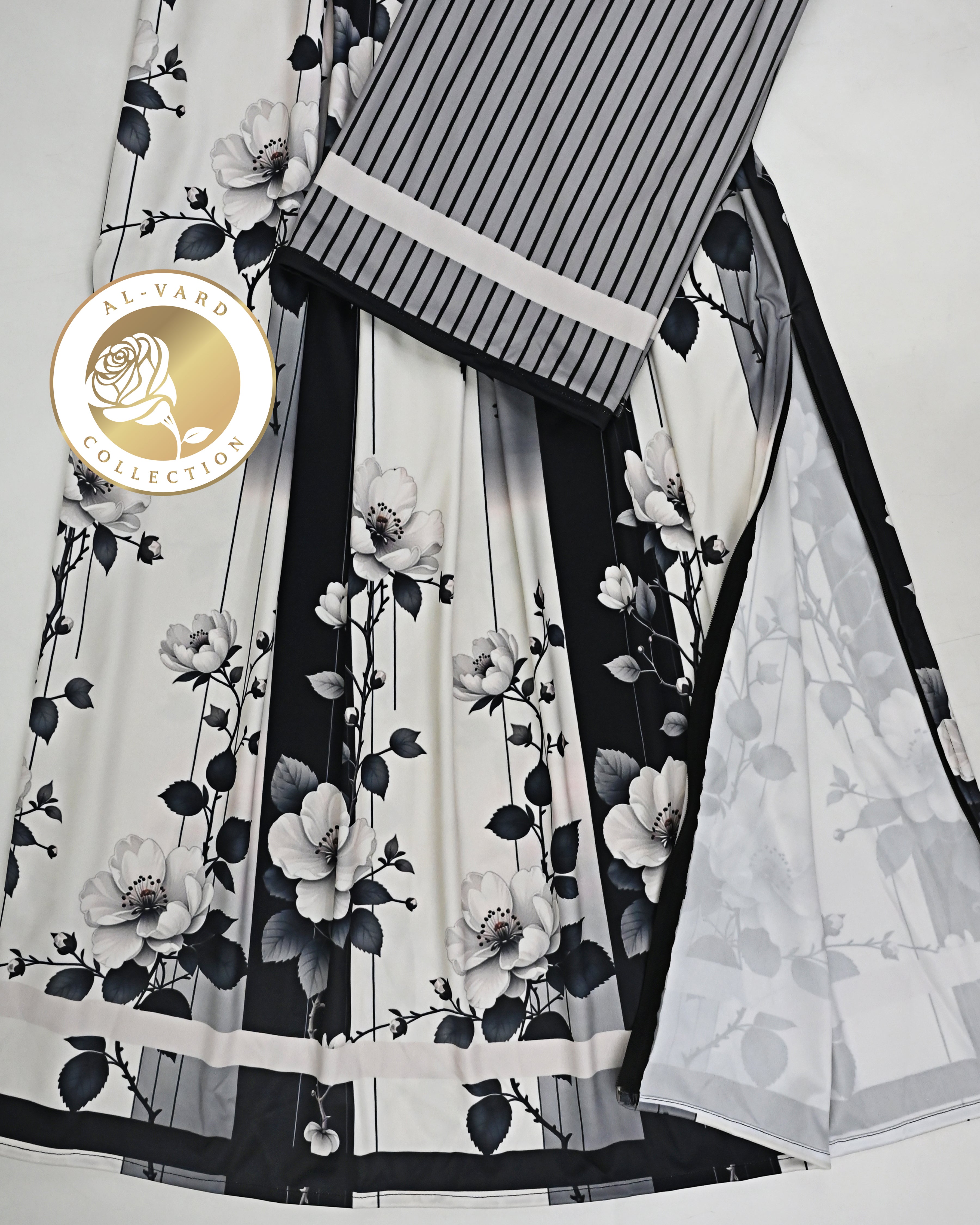 Black & White Floral Print Swim Wear With Stripes Pardi
