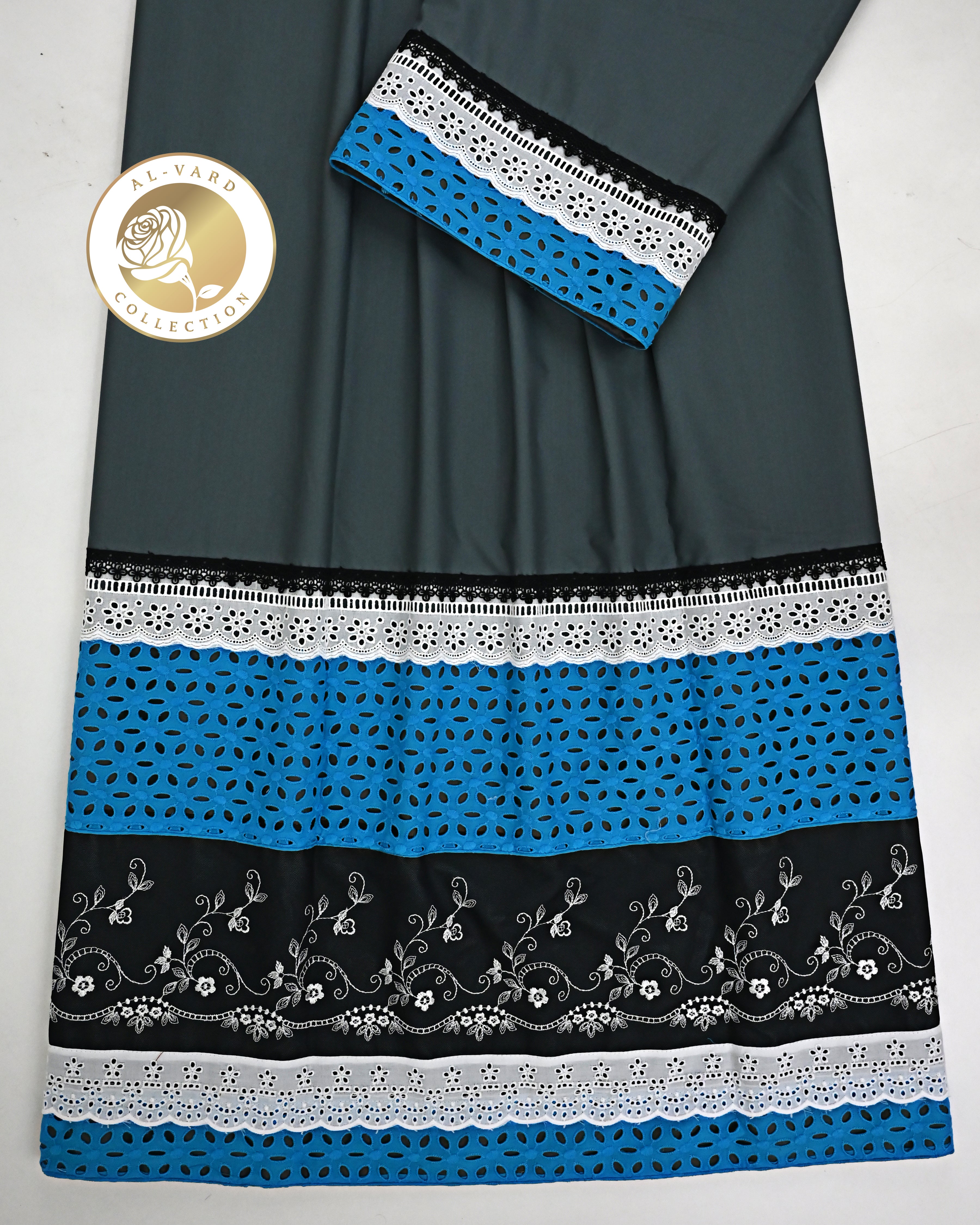 Charcoal Gray Rida With Smart Lace & Dark Panel With Floral Embroidery Work
