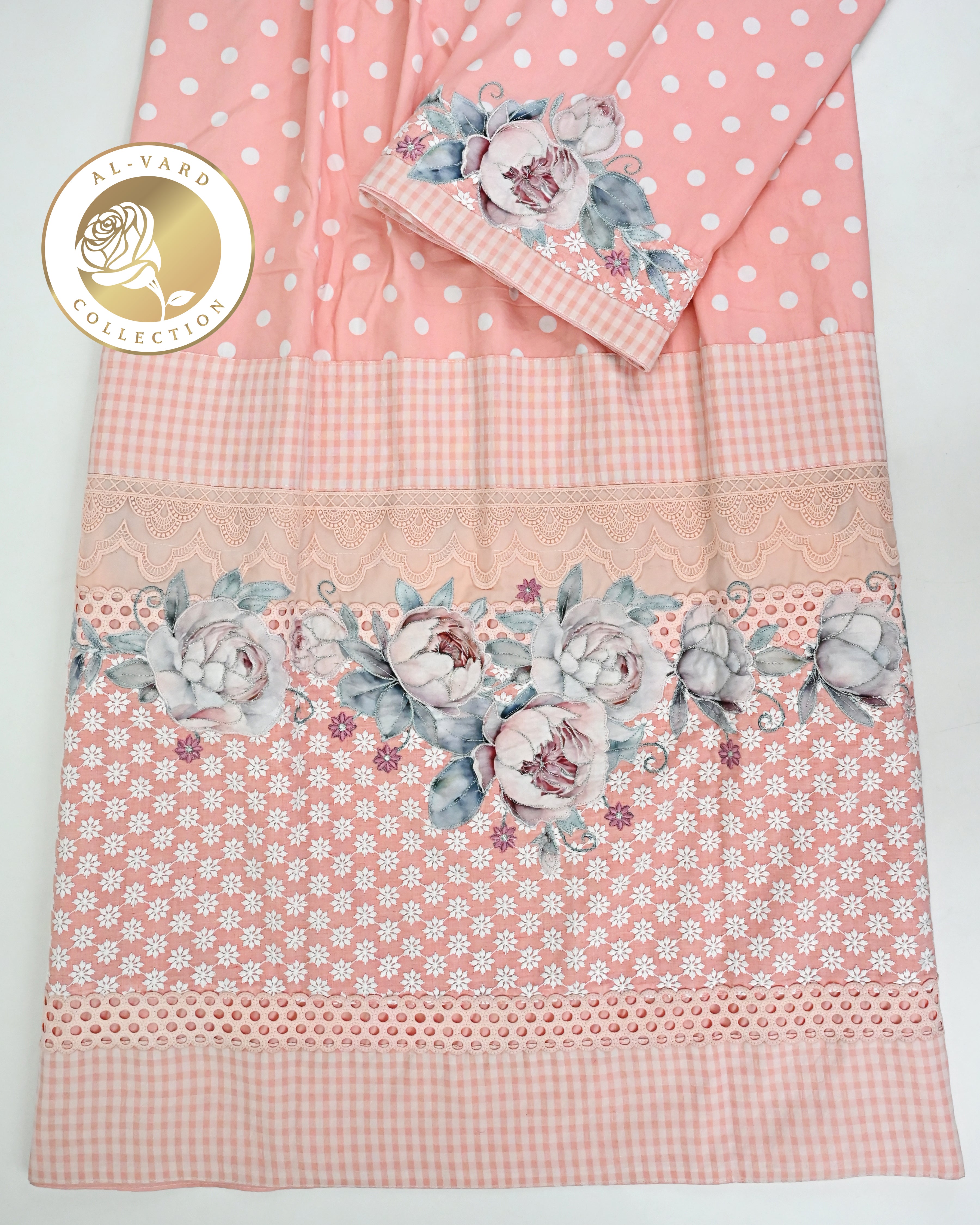 Salmon Peach White Polka Dots Rida With Smart Panel Lace & Rose Applique Work-4850/-