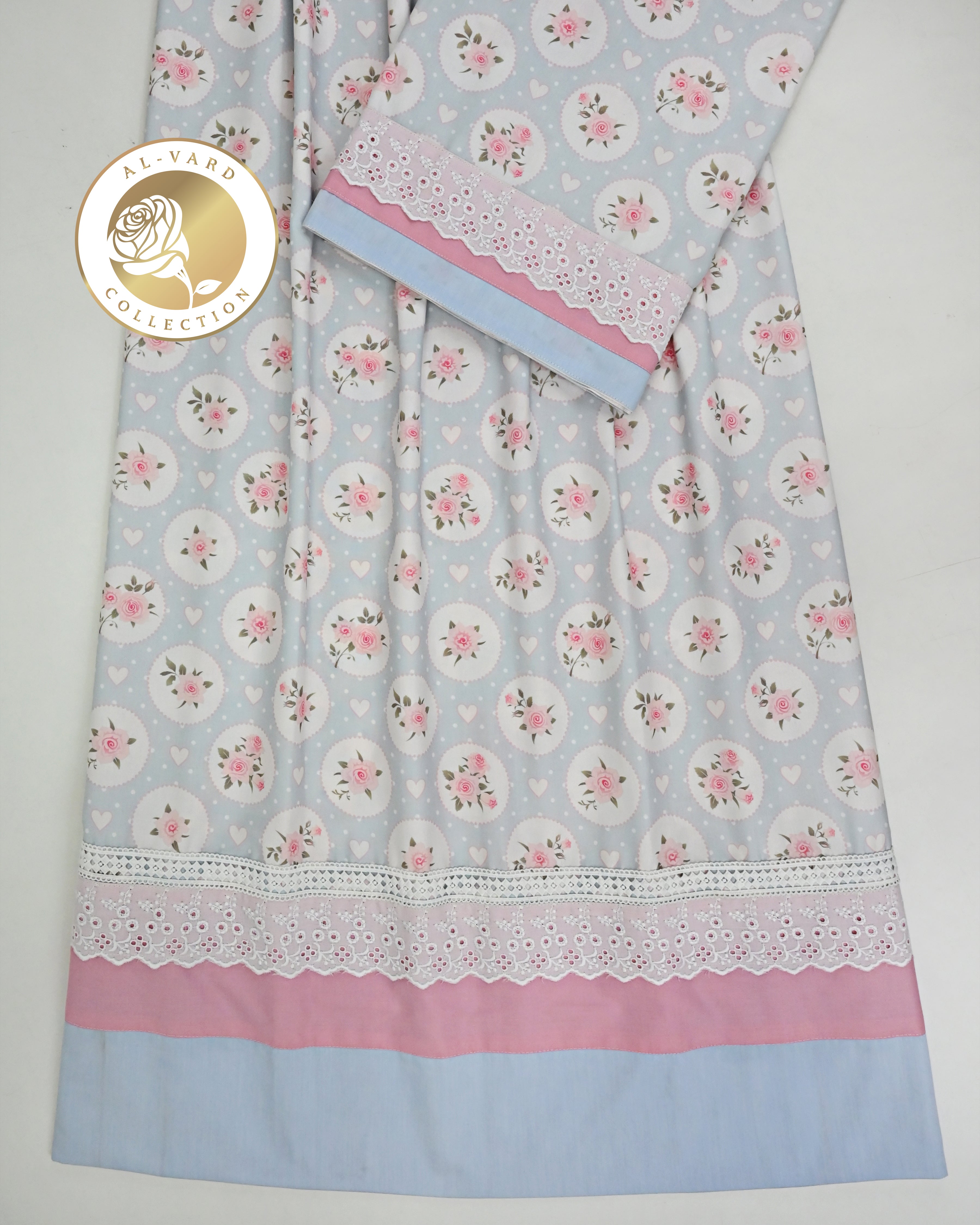 Light Greyish Blue Base Floral Print Rida With Smart Plain Panel & Smart Lace-1700/-