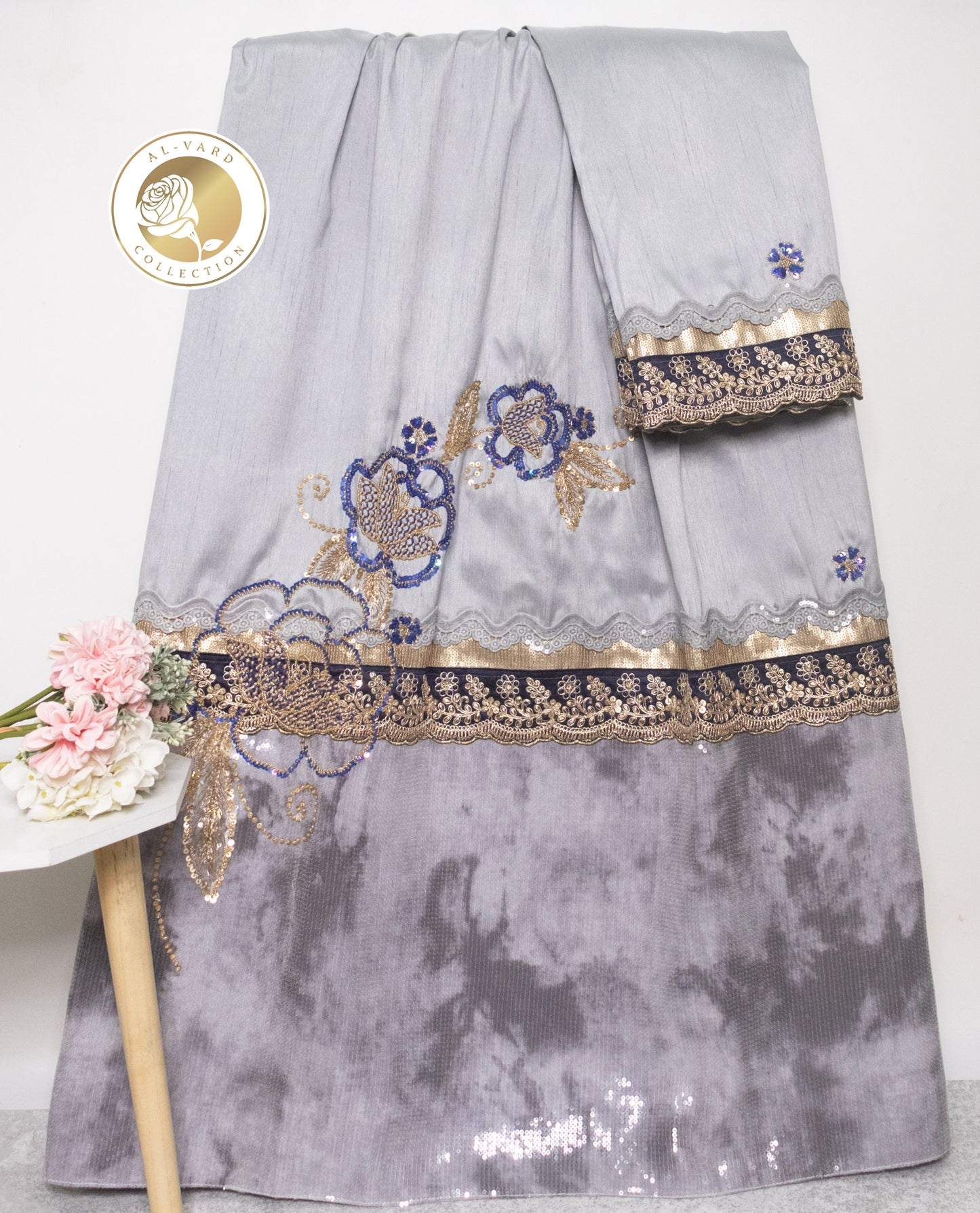 Light Grey Rida With Smart Dark Marble Panel Heavy Look Lace & Floral Aari Work