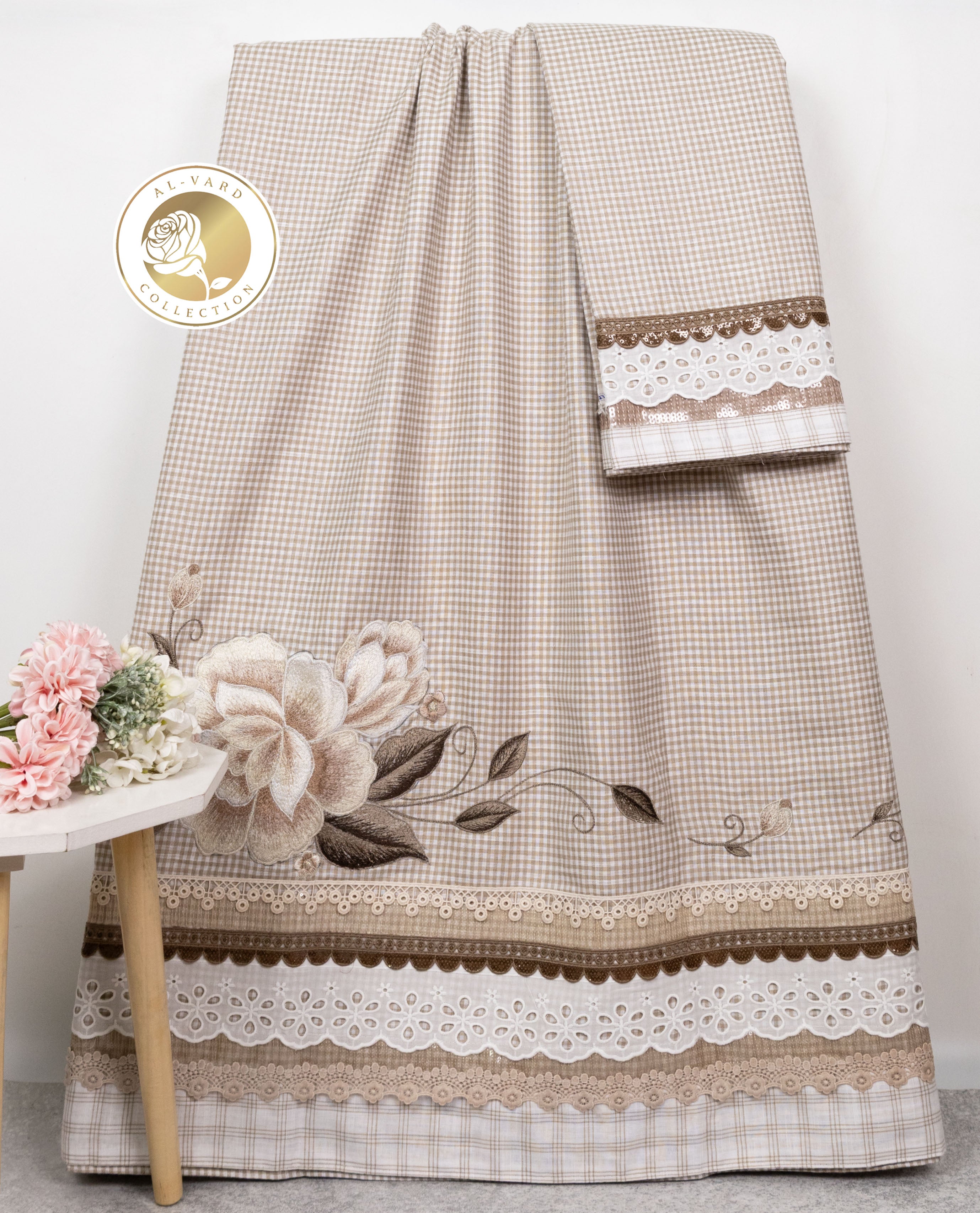 Beige Gingham Rida With Smart Lacing Panel & Beautiful Embroidery Floral Work