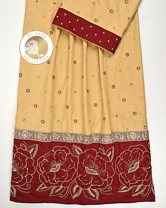 Golden Red Booties Rida With Maroon Panel &  Golden Aari Work