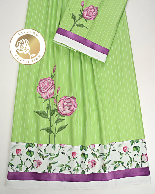 Light Green Lining Rida With Floral Panel & Purple Floral Emb. Work
