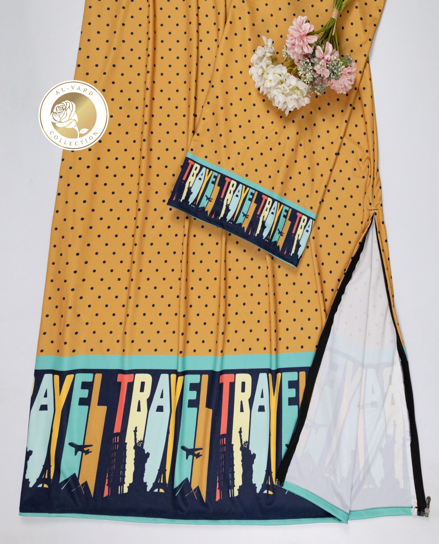 Mustard Yellow Navy Dots Swim Wear With Travel Printed With Objects