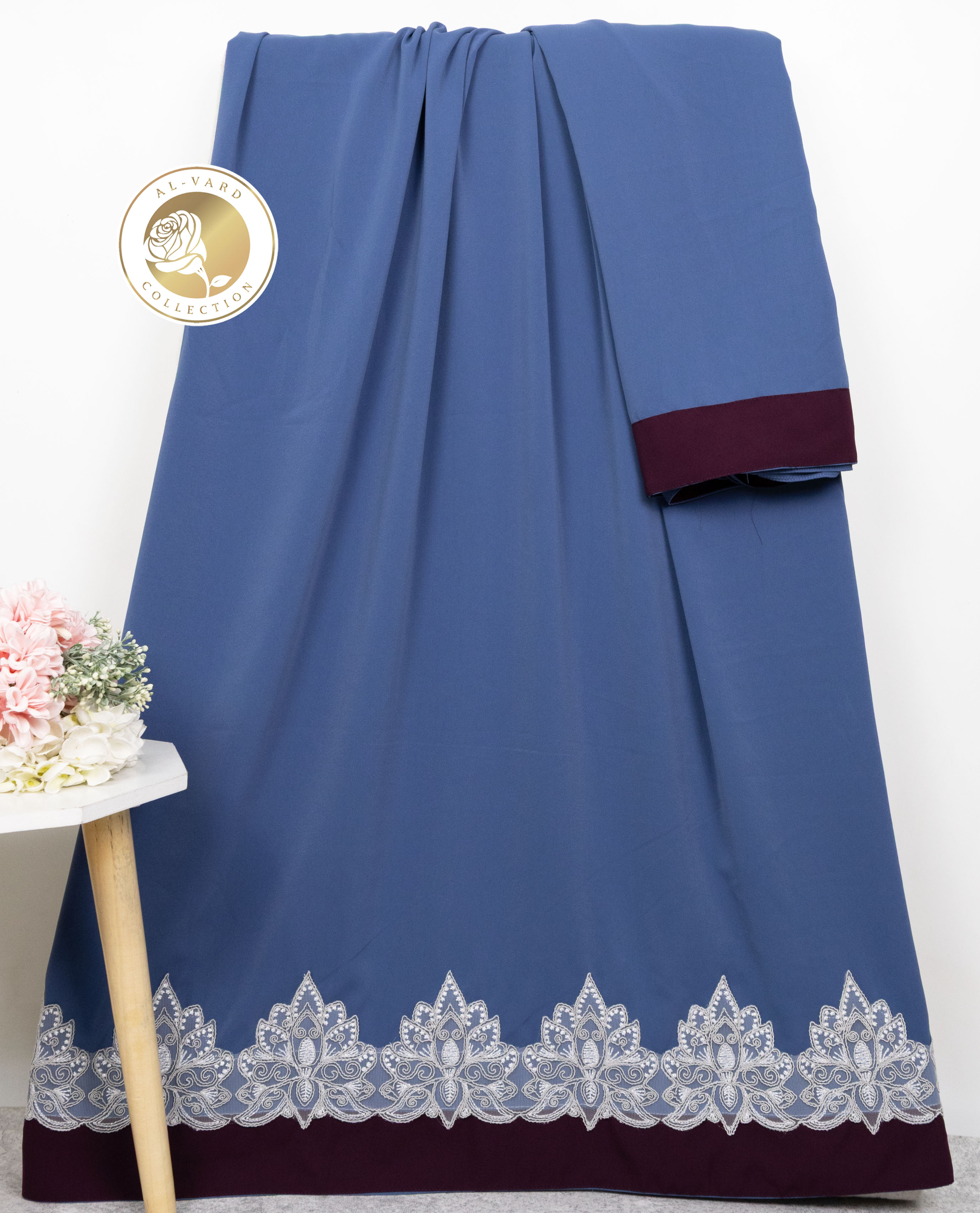 Dusty Blue Abaya Rida With Smart Dark Plum Abaya Panel & Smart Lace