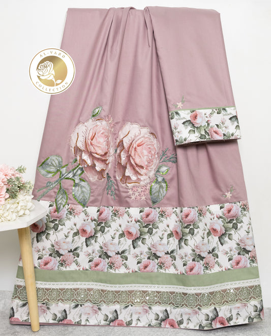 Dusty Lilac Rida With Smart Floral Panel & Floral Applique With Aari Touch Up