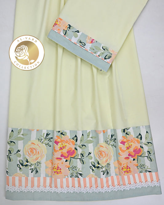 Lemon Yellow Rida With Floral Printed Stripes Panel & Smart Lace