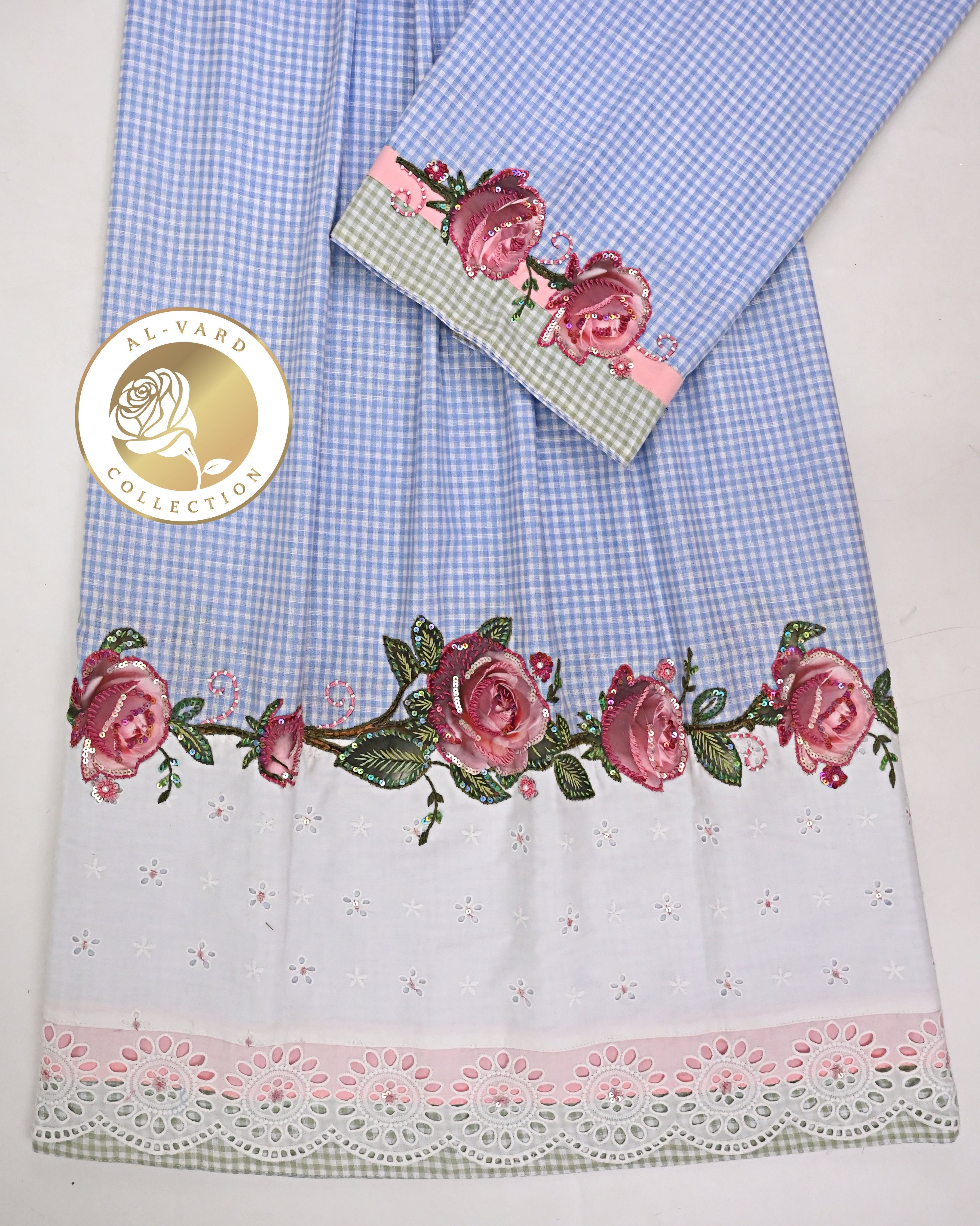 White Blue Checks Rida With Smart Hakoba Panel Smart Lace & All Over Floral Aari Work