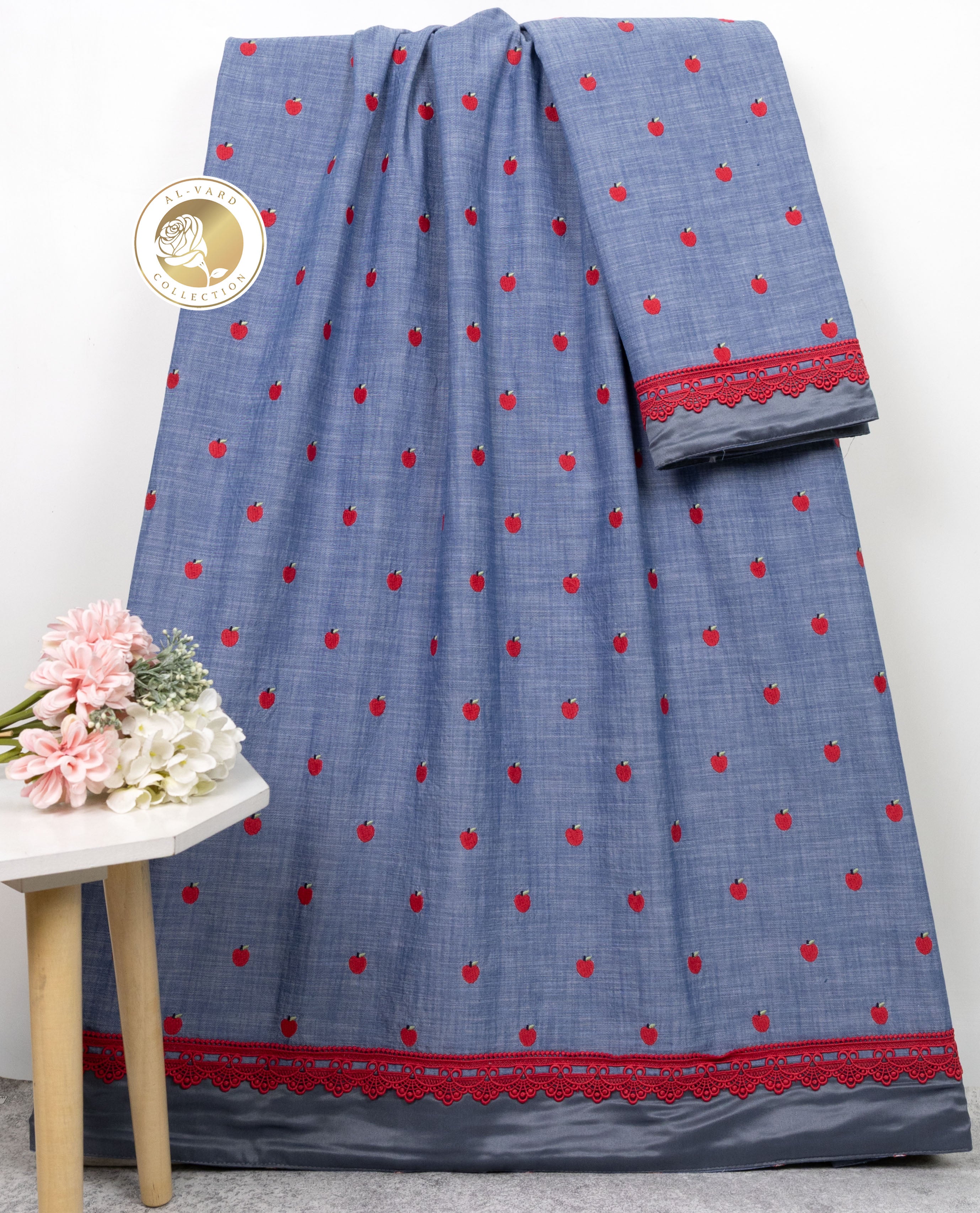 Denim Blue Rida With Smart All Over Red Cherry & Smart Red Lace
