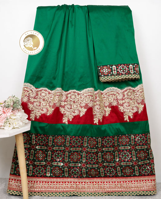 Dark Green Silky Rida With Golden Shining Lace & Dark Smart Panel