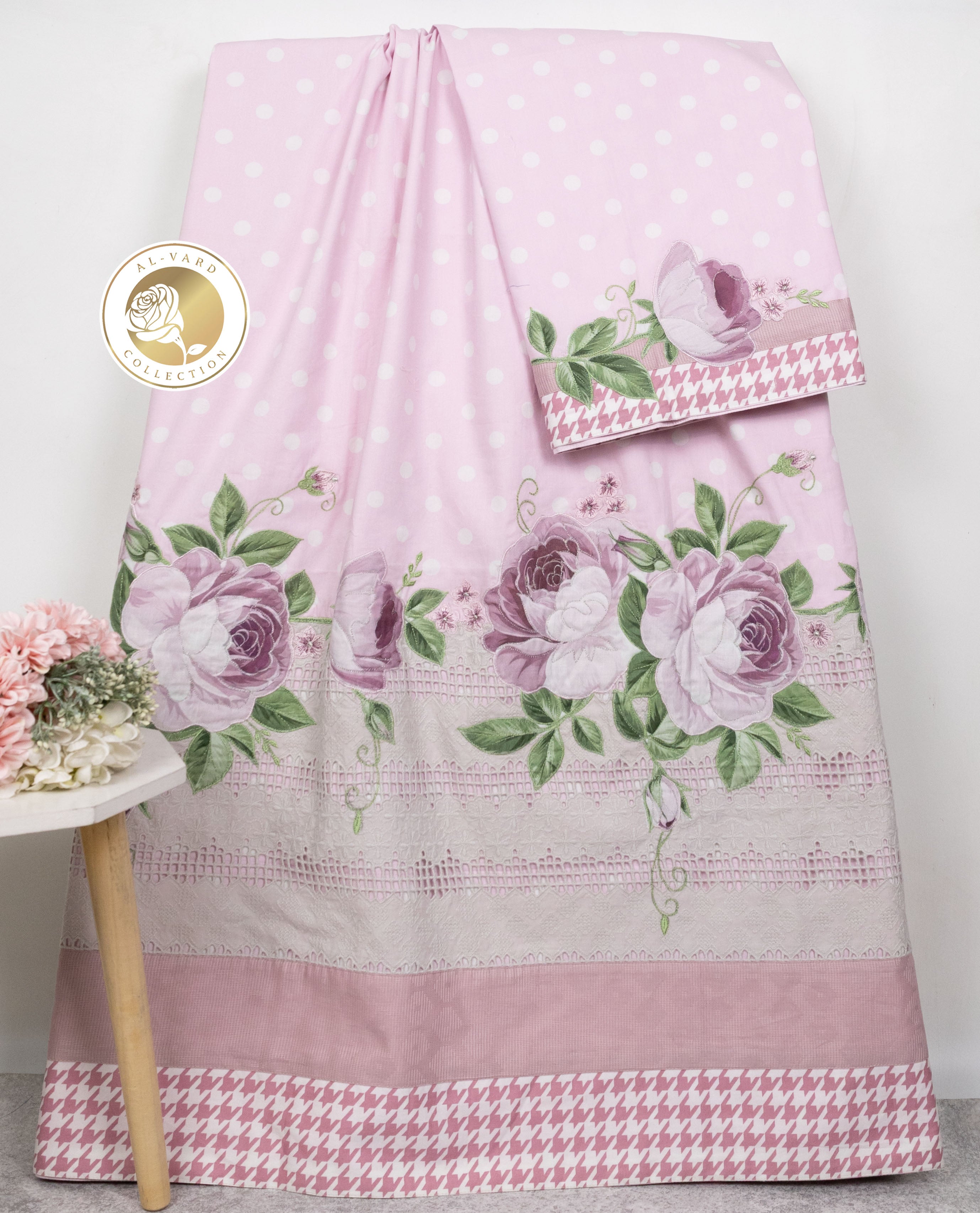 Baby Pink White Polka Dots Rida With Smart Lace Panel & Floral Applique Work