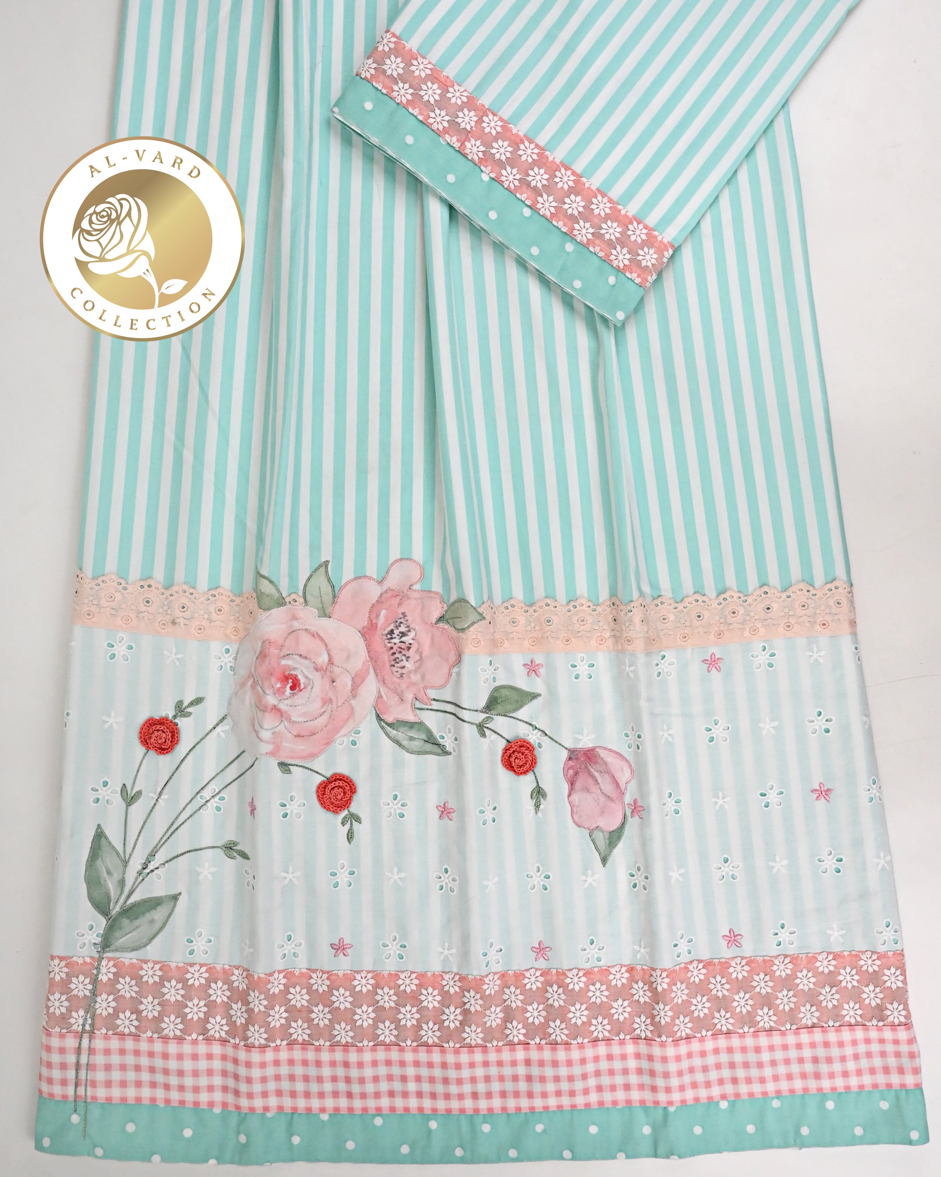 Sea Green Stripes Rida With Smart Panels Lace & Floral Bunch Work-3350/-