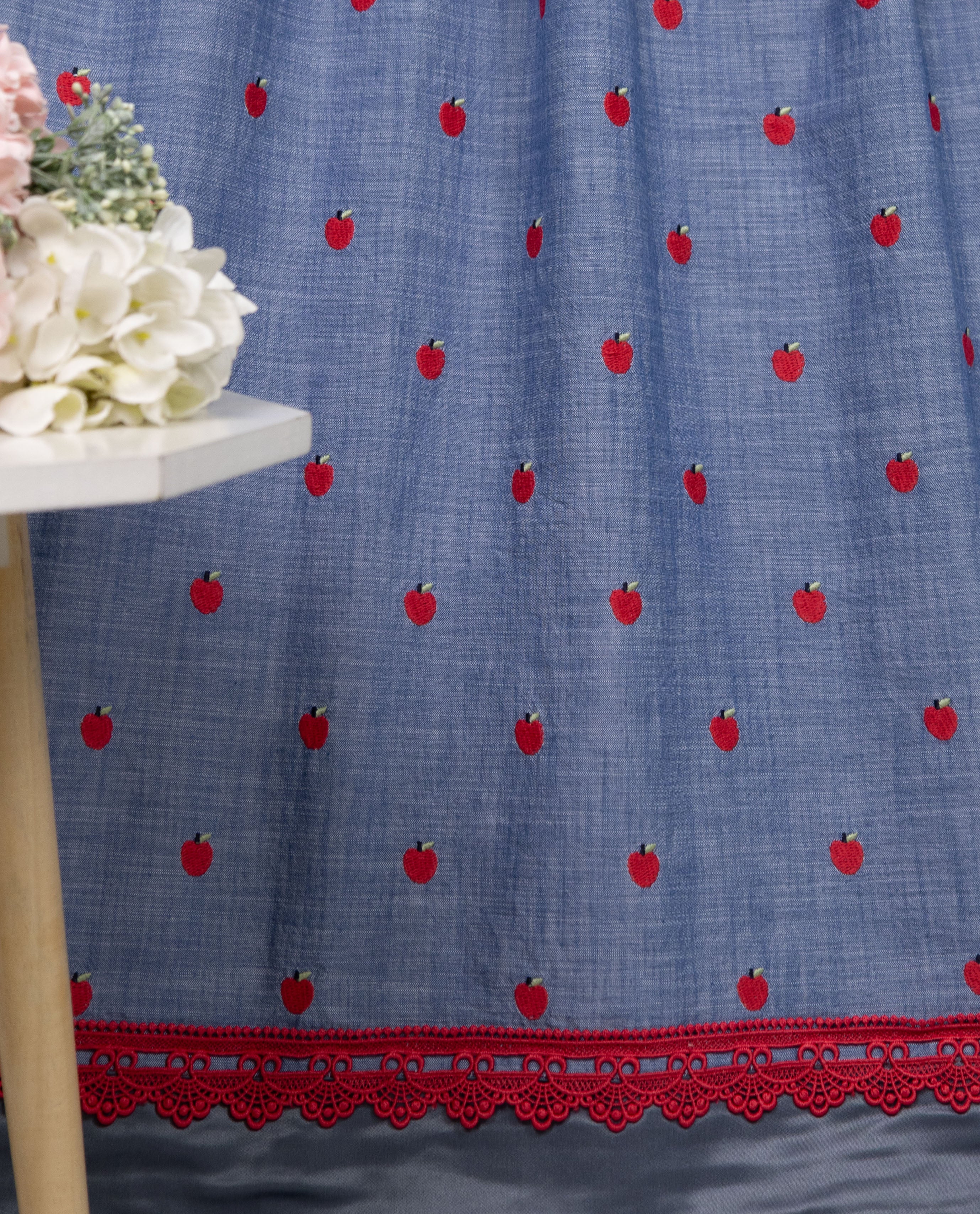 Denim Blue Rida With Smart All Over Red Cherry & Smart Red Lace