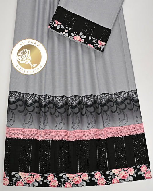 Grey Rida With Black & Pink Lacing & Floral Patta