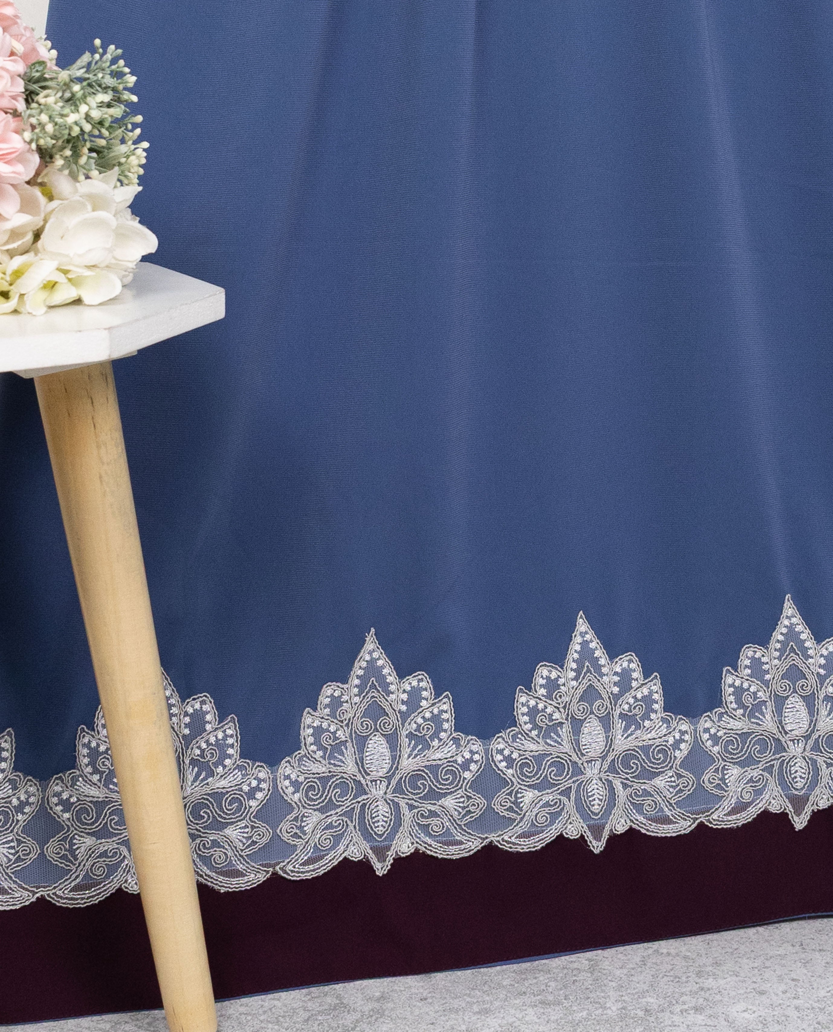 Dusty Blue Abaya Rida With Smart Dark Plum Abaya Panel & Smart Lace