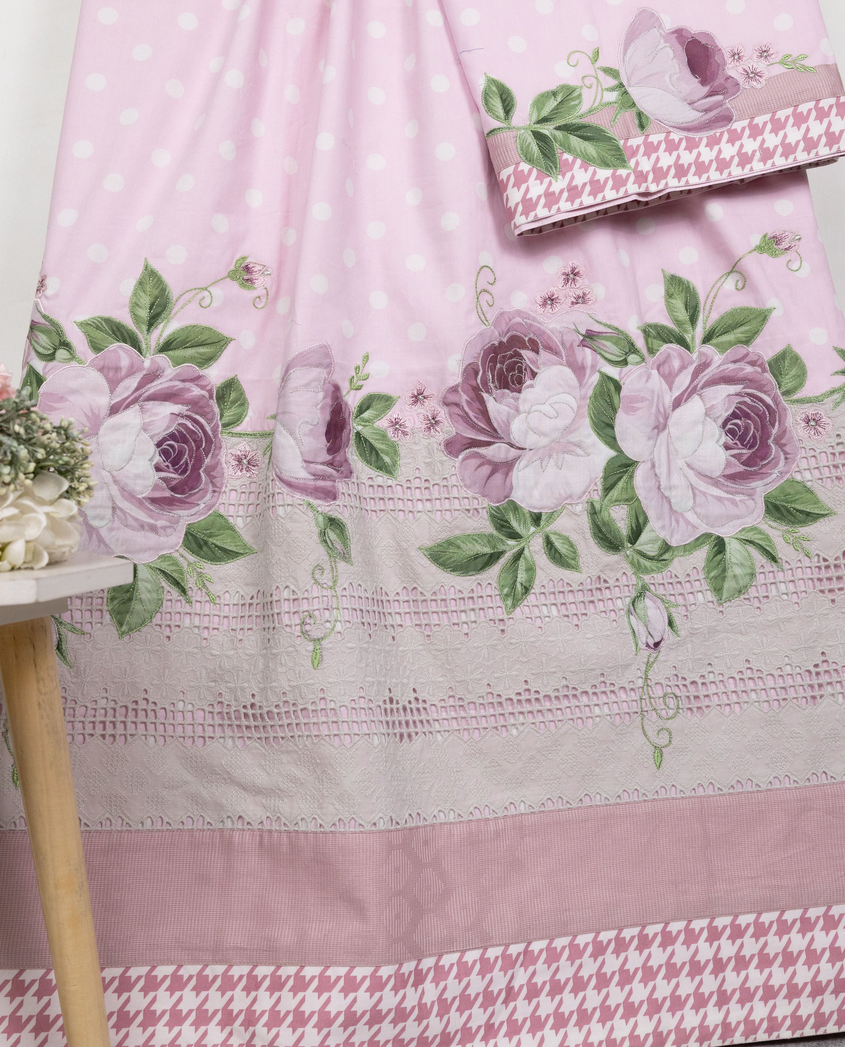 Baby Pink White Polka Dots Rida With Smart Lace Panel & Floral Applique Work