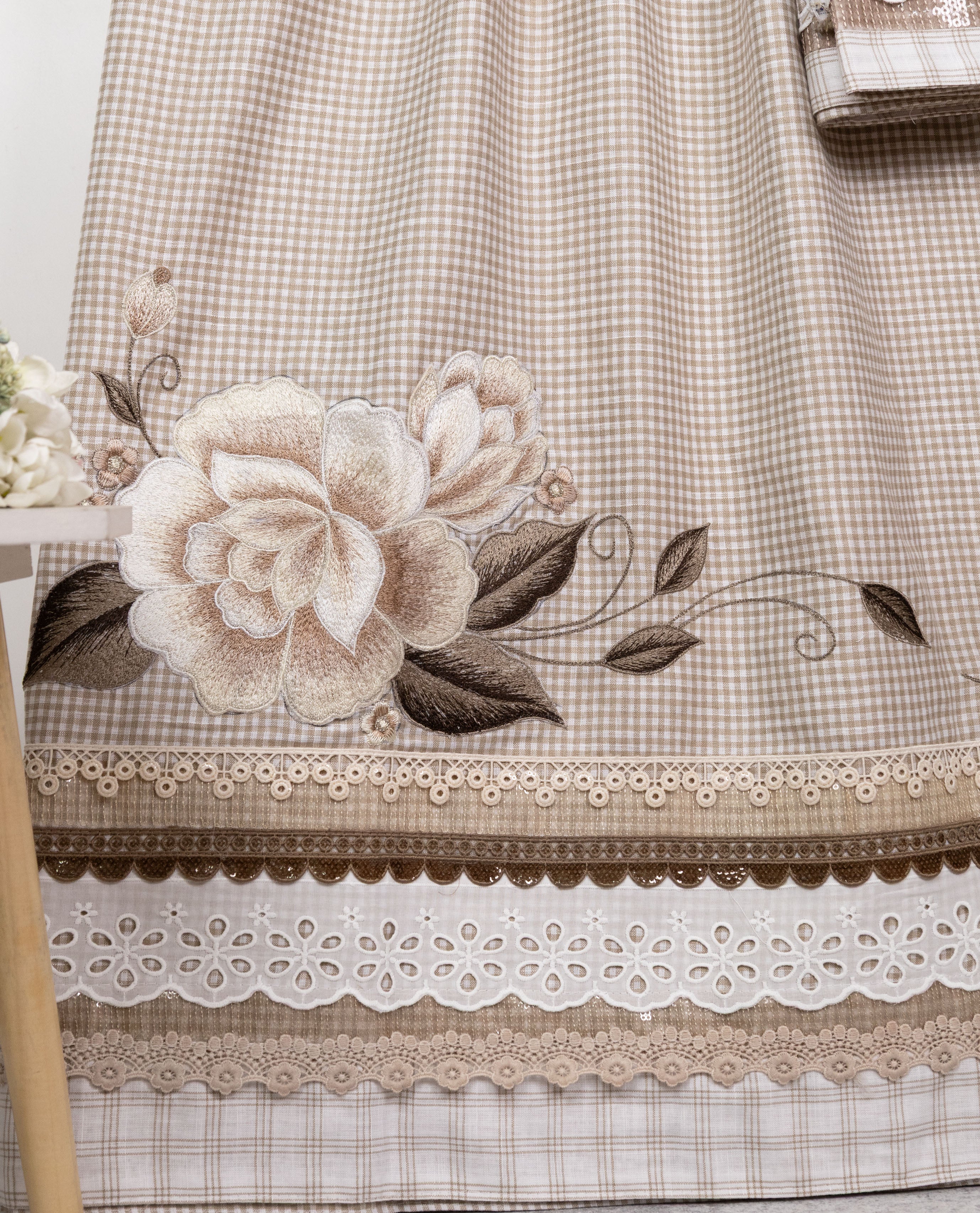 Beige Gingham Rida With Smart Lacing Panel & Beautiful Embroidery Floral Work