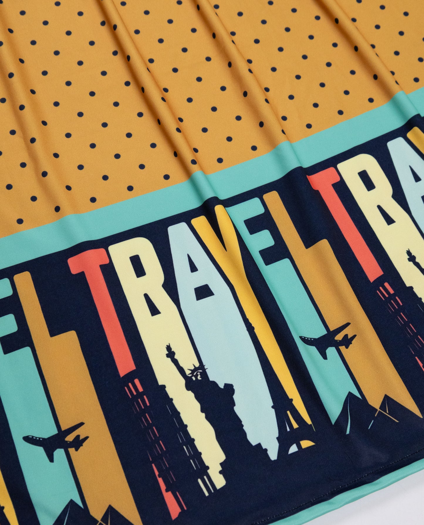 Mustard Yellow Navy Dots Swim Wear With Travel Printed With Objects