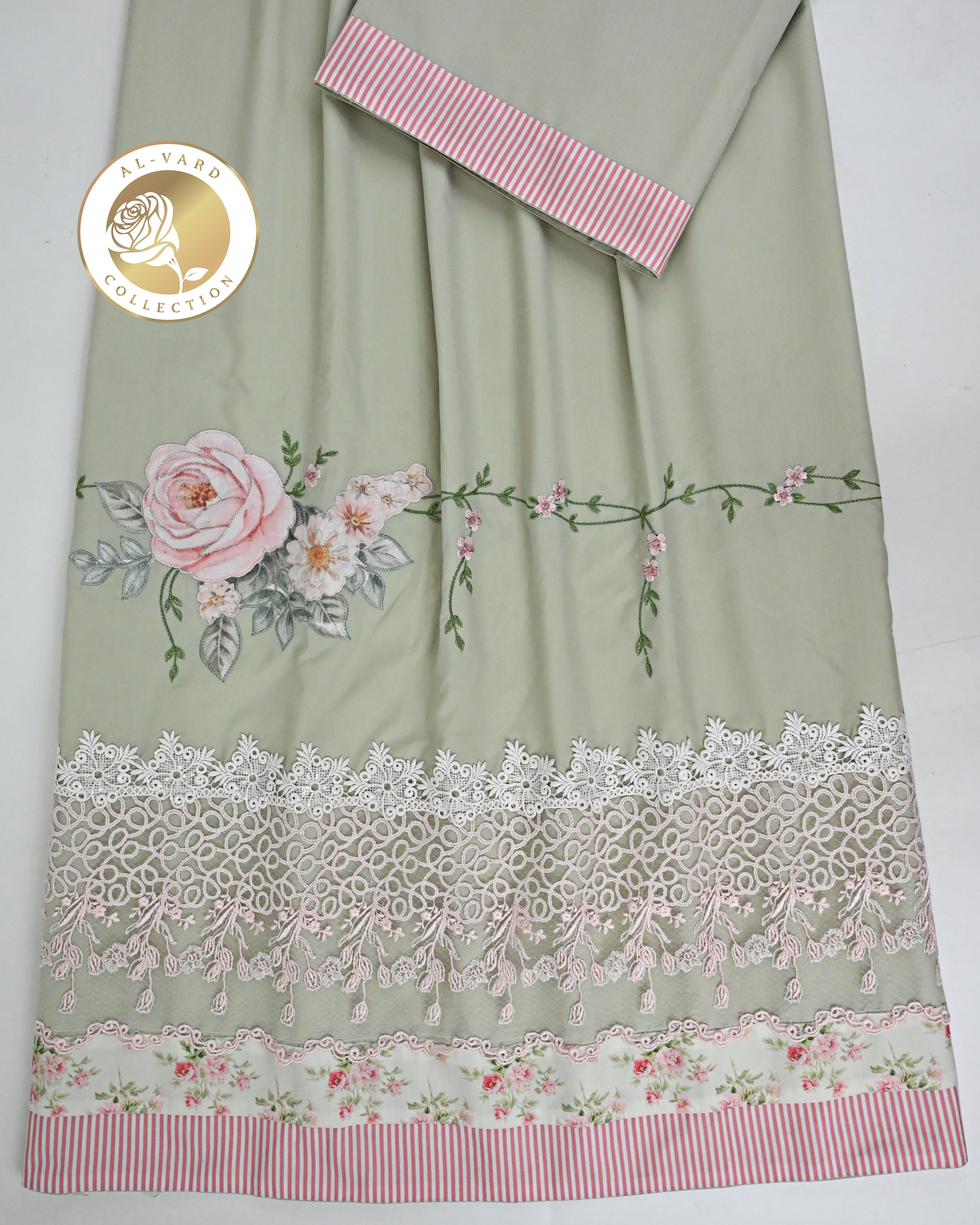 Muted Olive Rida Smart Floral Lace Panel & Smart Floral All Over Embroidery Work
