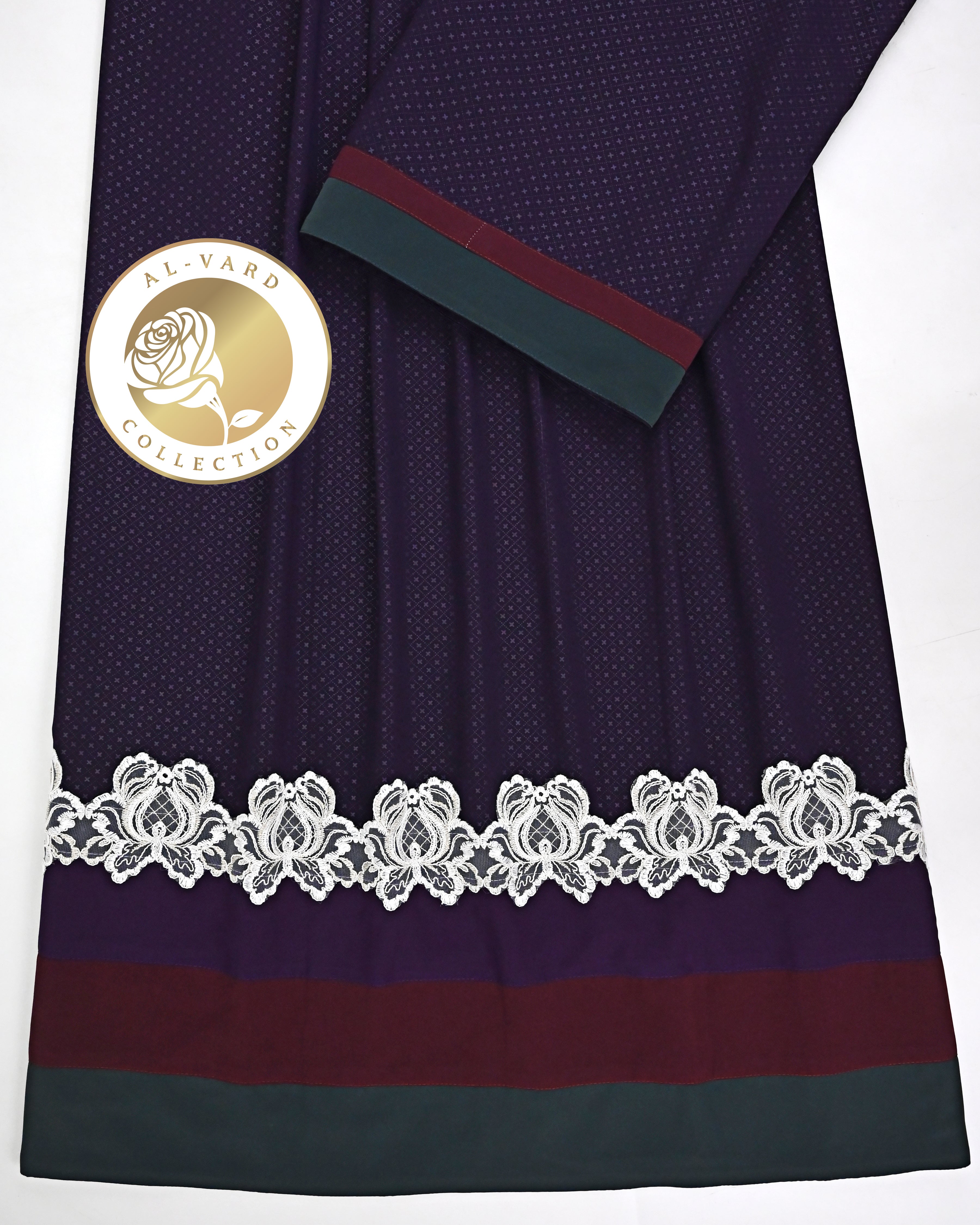 Dark Voilet Self Print Abaya With Dark Color Panel & Smart White Lace