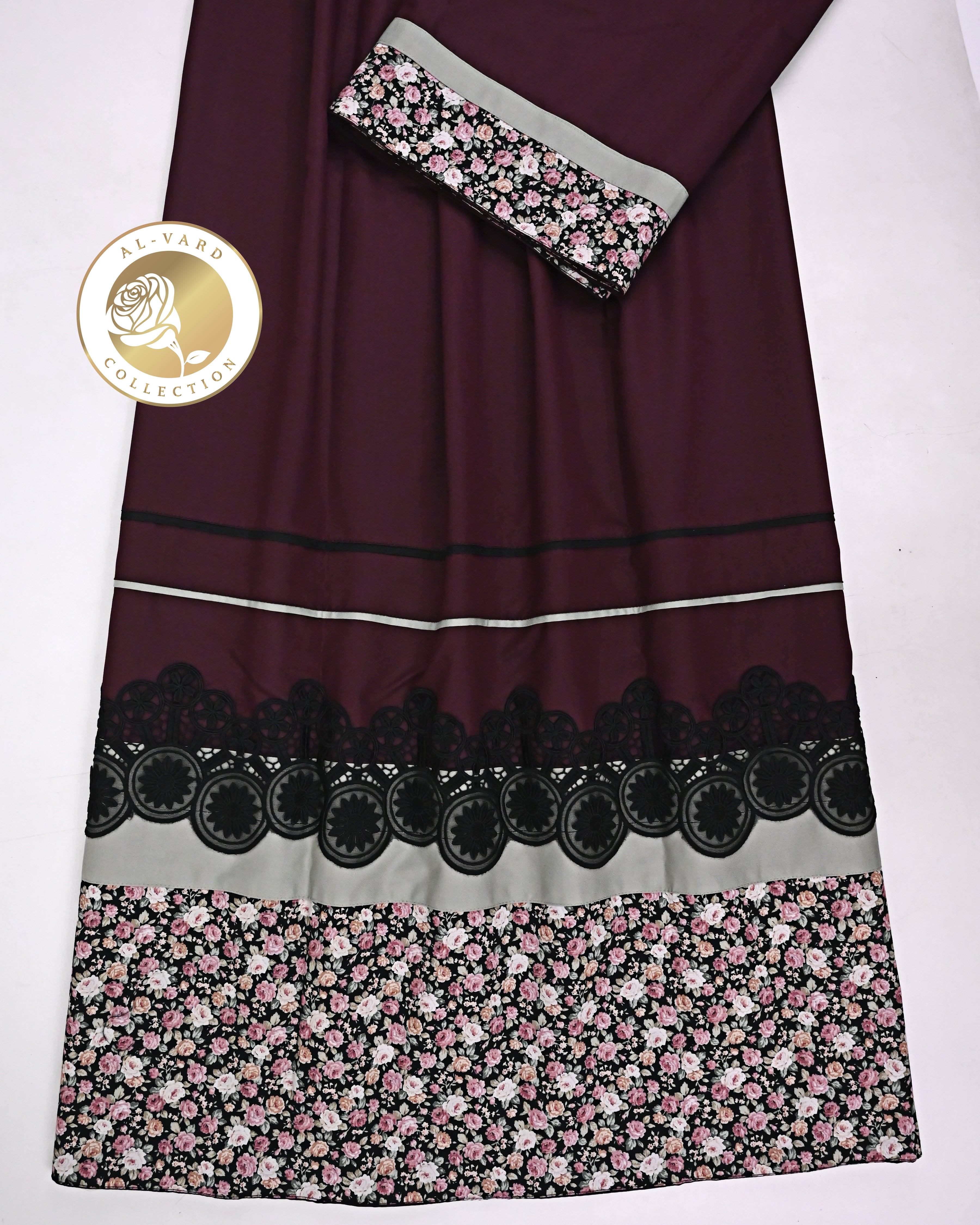Burgundy Rida With Smart Mini Floral Print Panel & Smart Black Lace