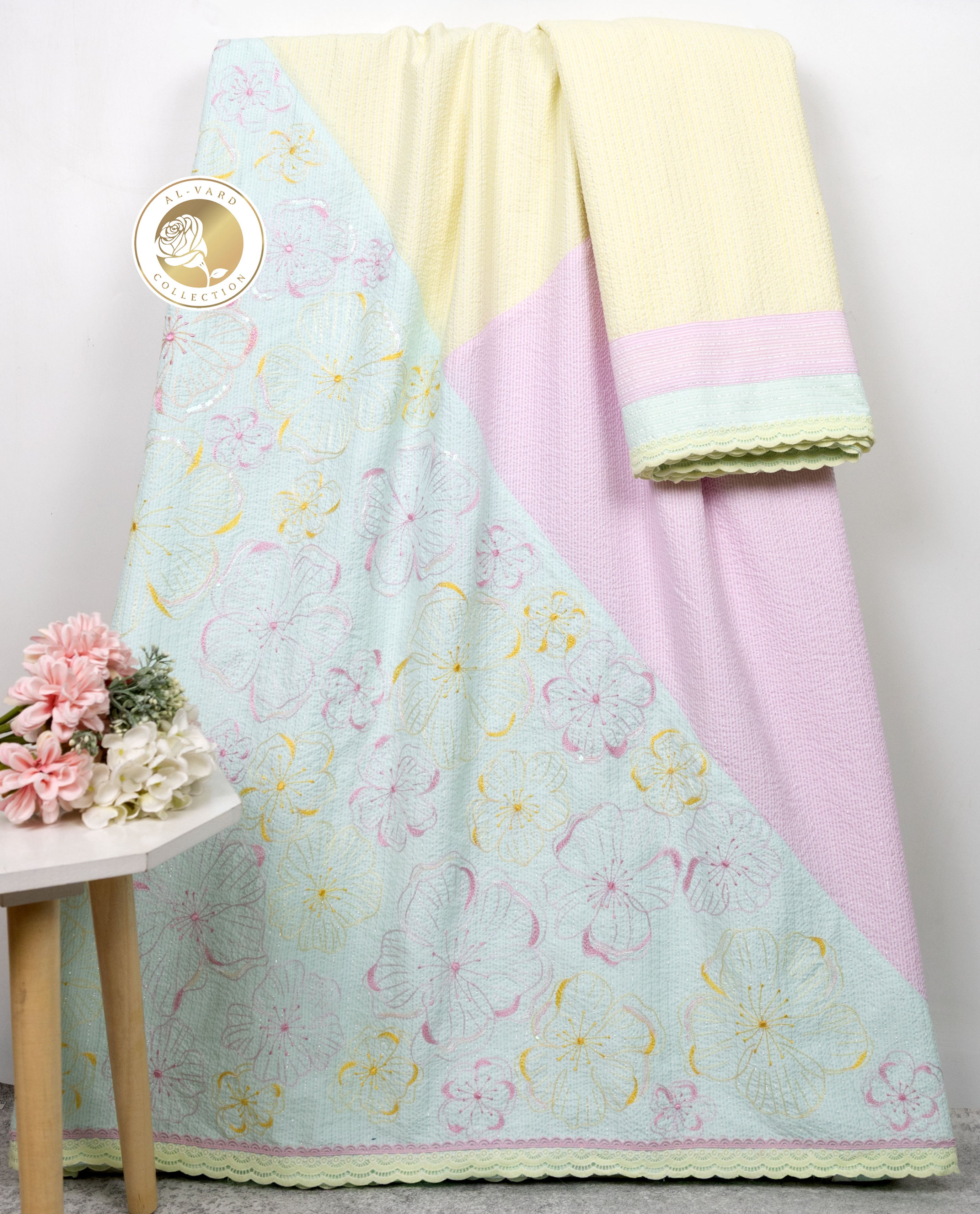 Tri Color Seersucker Rida With Smart Panel & Smart Floral Embroidery Work