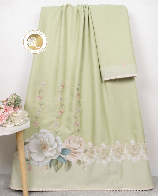 Sage Green Rida With Smart Floral Lace Smart Floral Applique & Embroidery