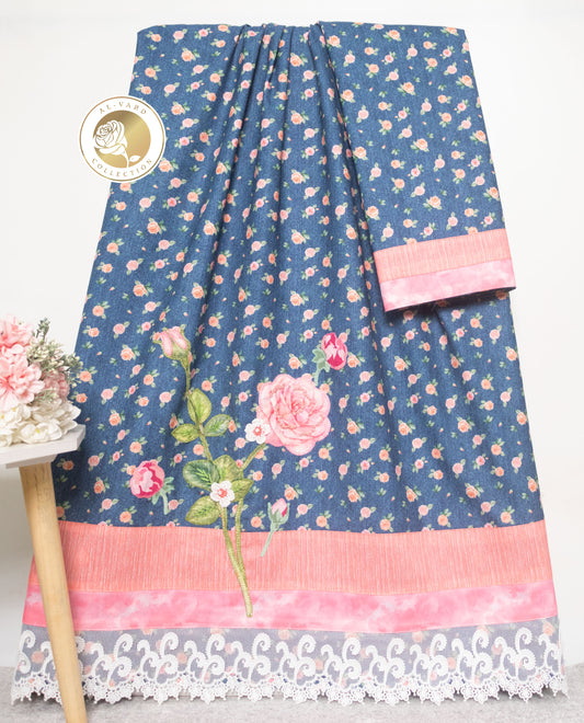 Navy Blue Floral Print Rida With Smart Lace Panel & Floral Work