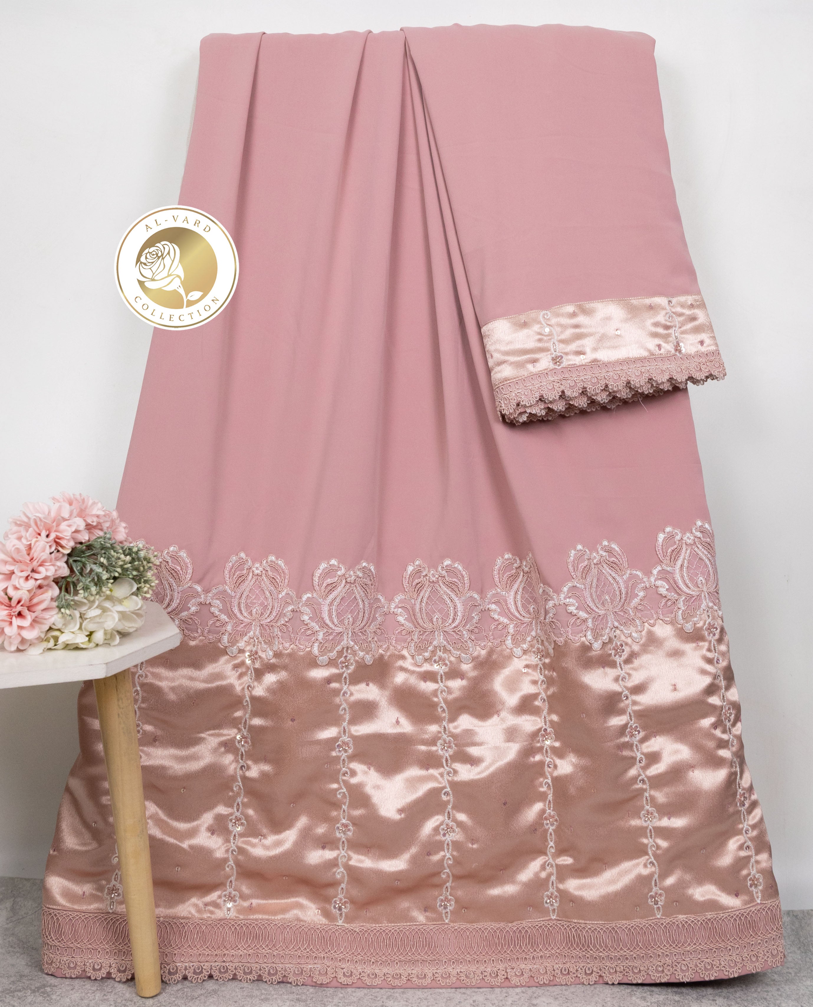Dusty Rose Abaya Rida With Smart Shining Panel Floral Lace With Lite Aari Work