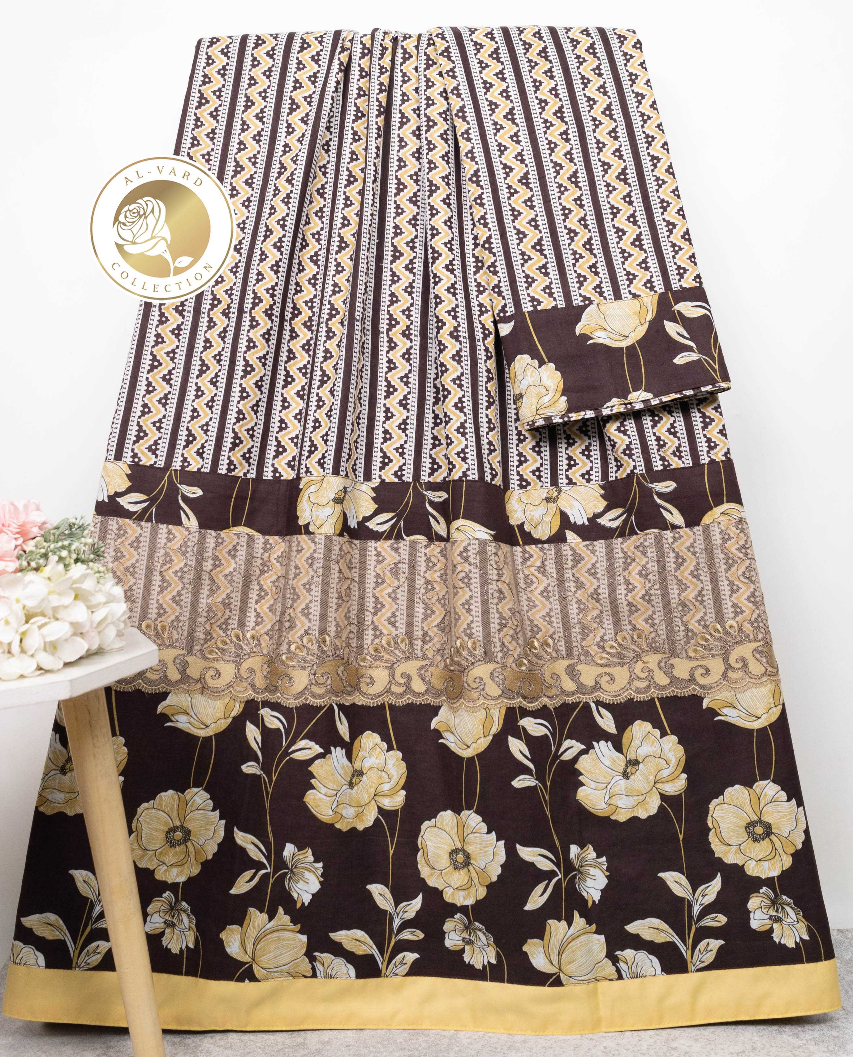 Dark Brown Mustard Cream Zigzag Batik Rida With Smart Lace & Floral Batik Panel-1650/-
