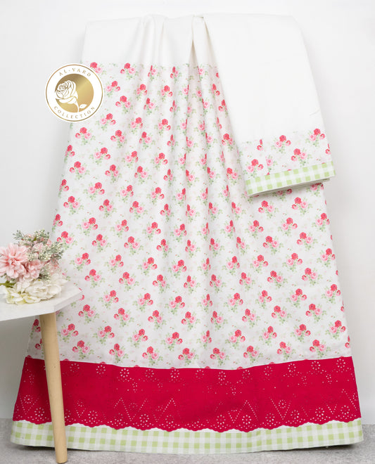 White Rida With Smart Floral Printed High Panel & Red Hakoba Lace