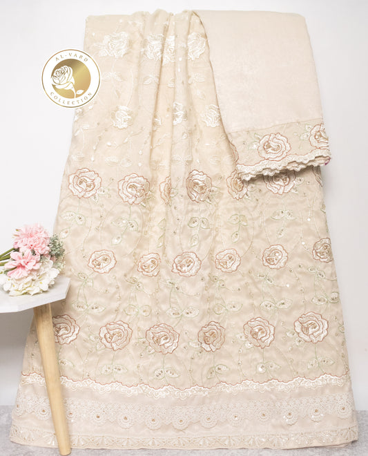 Creamy Rida With Smart Floral Heavy Look Net Peice & Panel