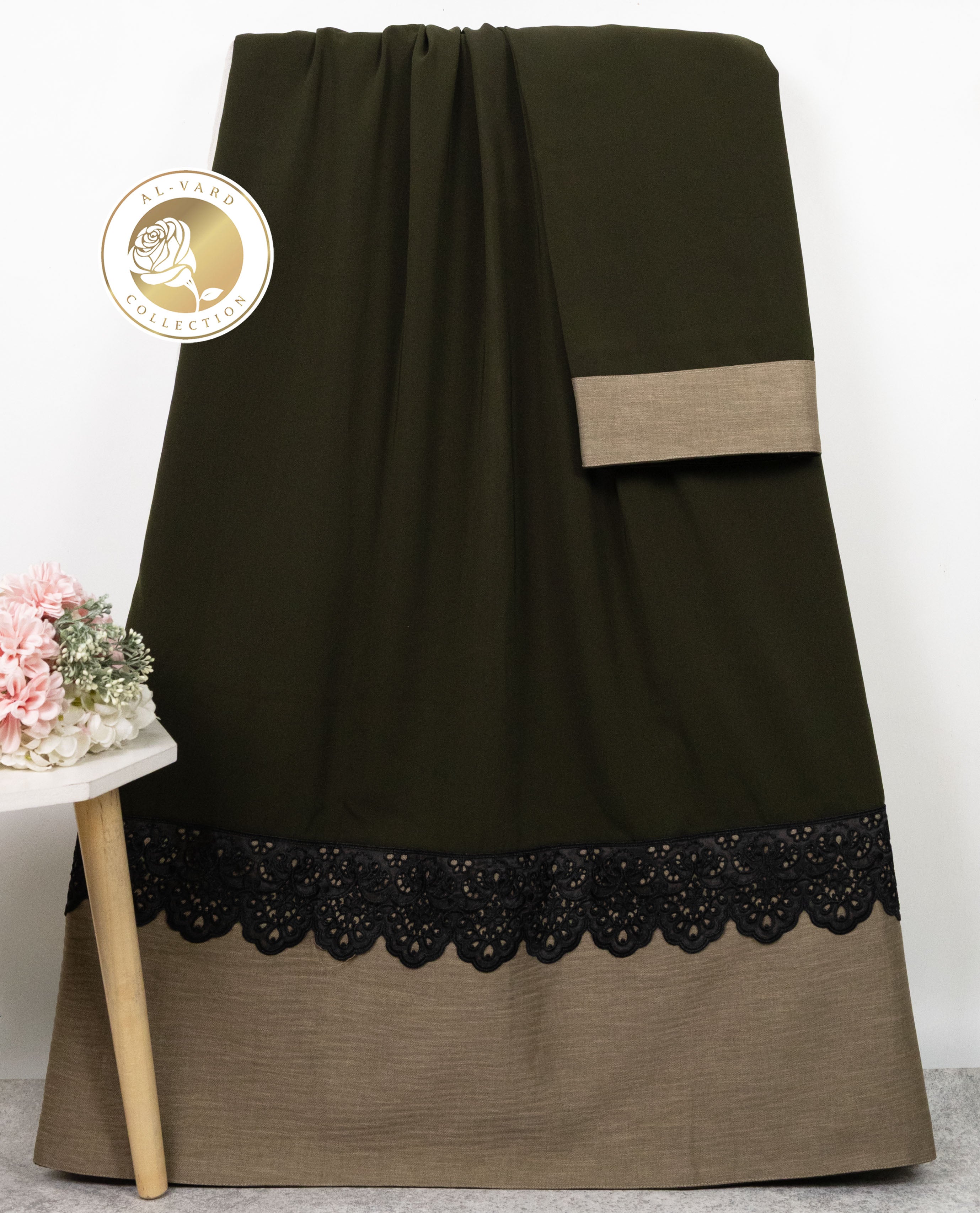 Dark Mehndi Green Rida With Smart Dark Lace & Coffee Panel