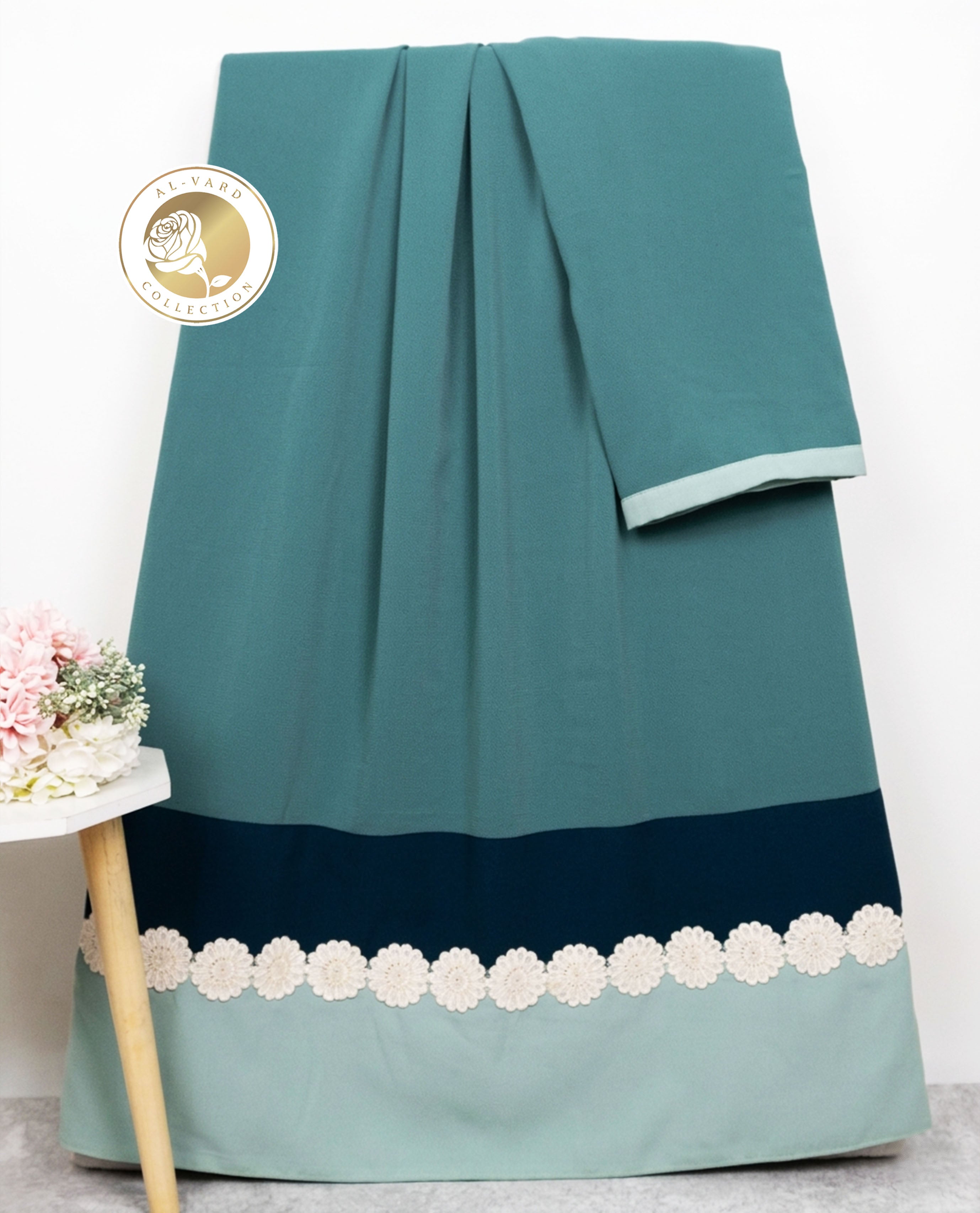 Dark Teal Green Abaya Rida With Smart Abaya Panel & Smart Floral Lace