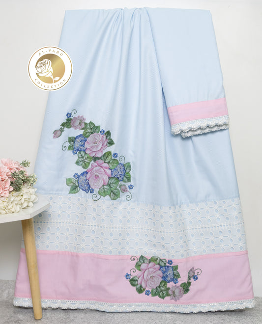 Light Blue Rida With Smart White Lace & Floral Applique Work & Pink Panel