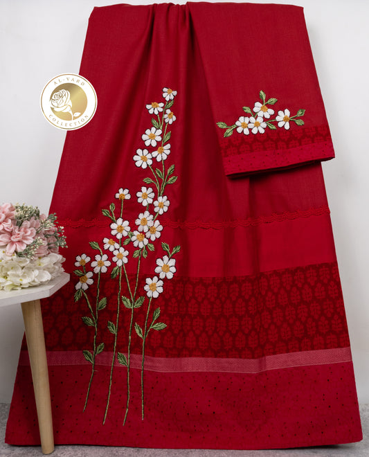 Deep Red Rida With Smart Red Batik Panel Hakoba Lace & White Floral Work