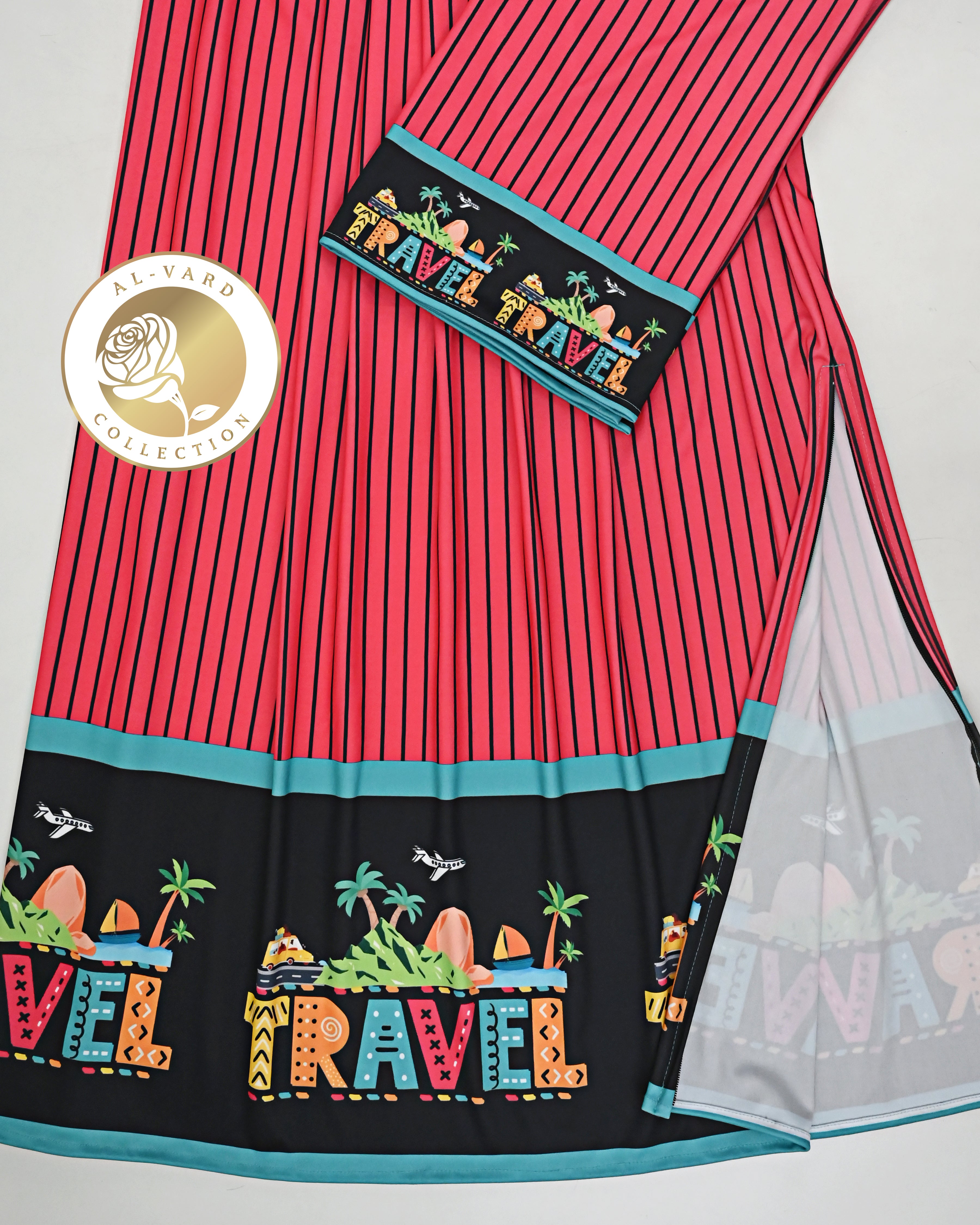 Dark Orange Black Stripes Swim Wear With Travel Printed Objects On Black Base-