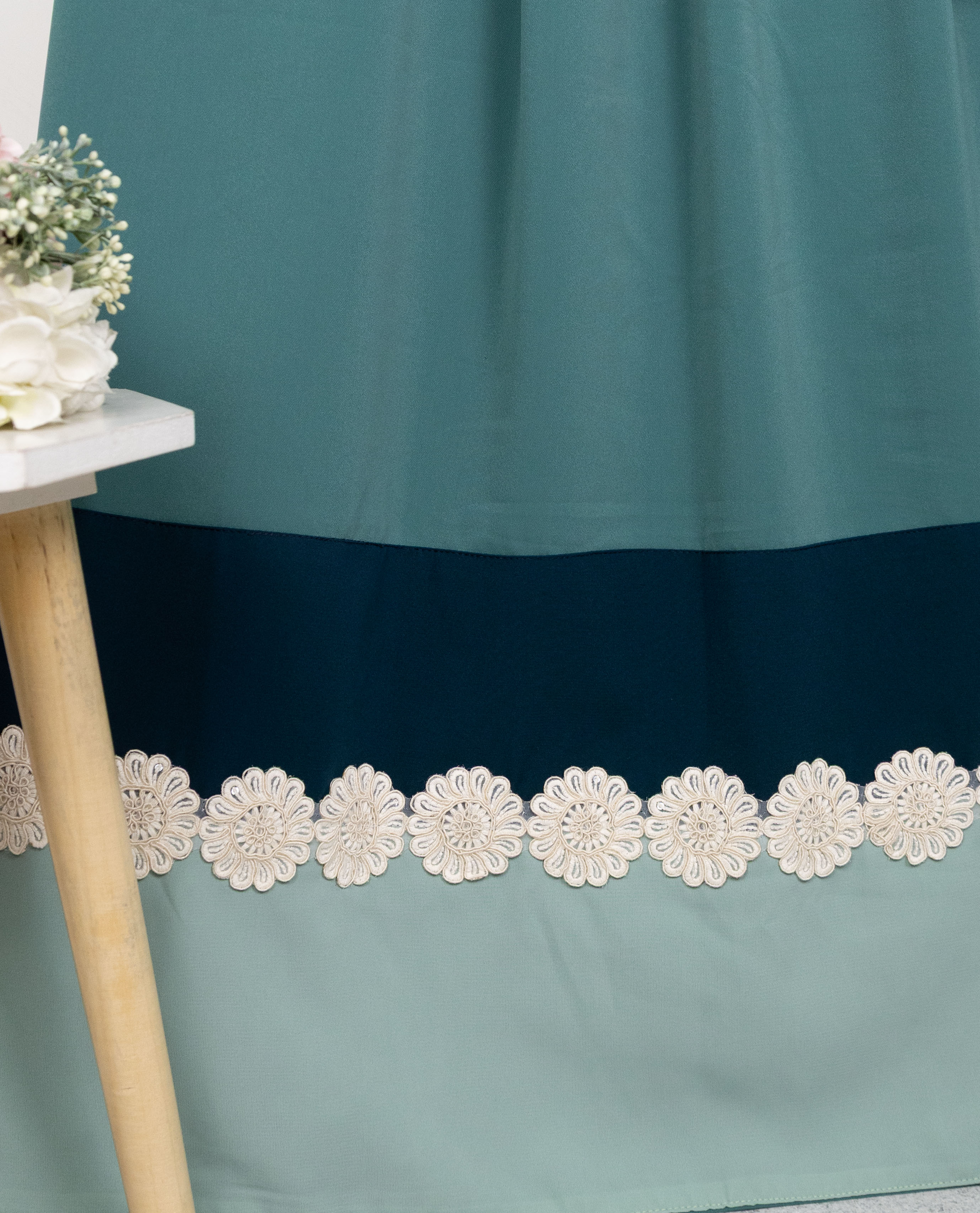Dark Teal Green Abaya Rida With Smart Abaya Panel & Smart Floral Lace
