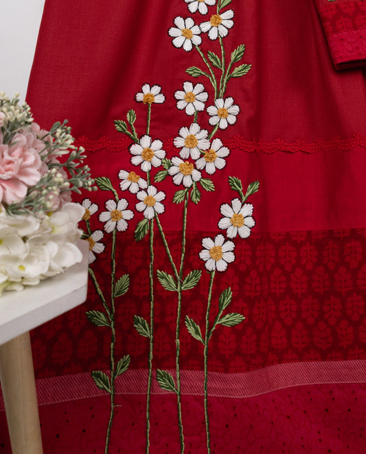Deep Red Rida With Smart Red Batik Panel Hakoba Lace & White Floral Work