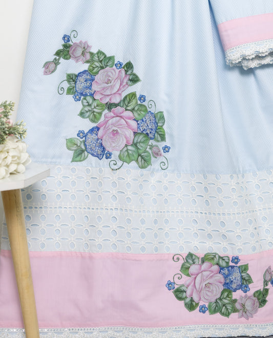 Light Blue Rida With Smart White Lace & Floral Applique Work & Pink Panel
