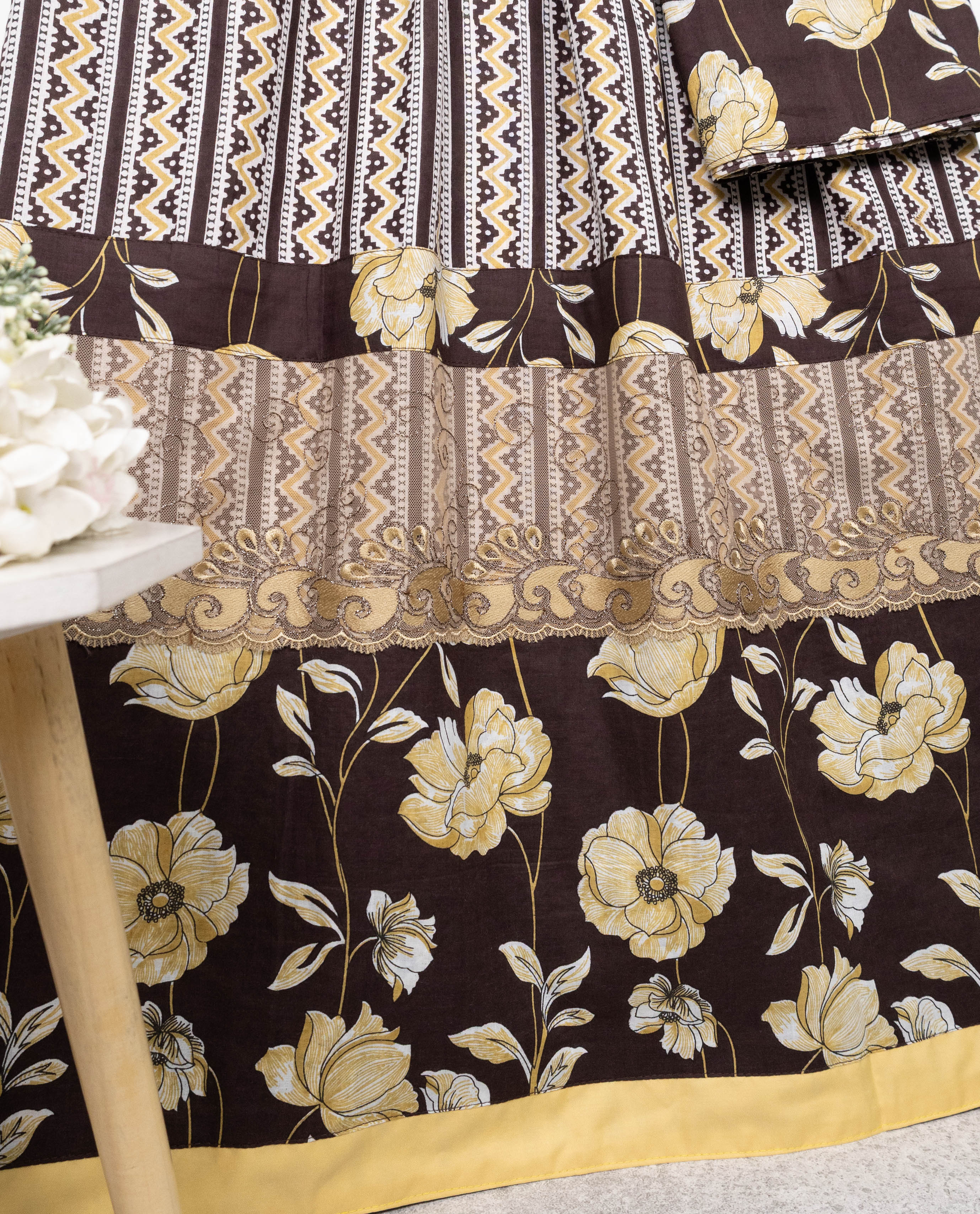 Dark Brown Mustard Cream Zigzag Batik Rida With Smart Lace & Floral Batik Panel-1650/-