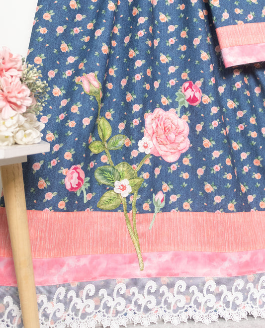 Navy Blue Floral Print Rida With Smart Lace Panel & Floral Work